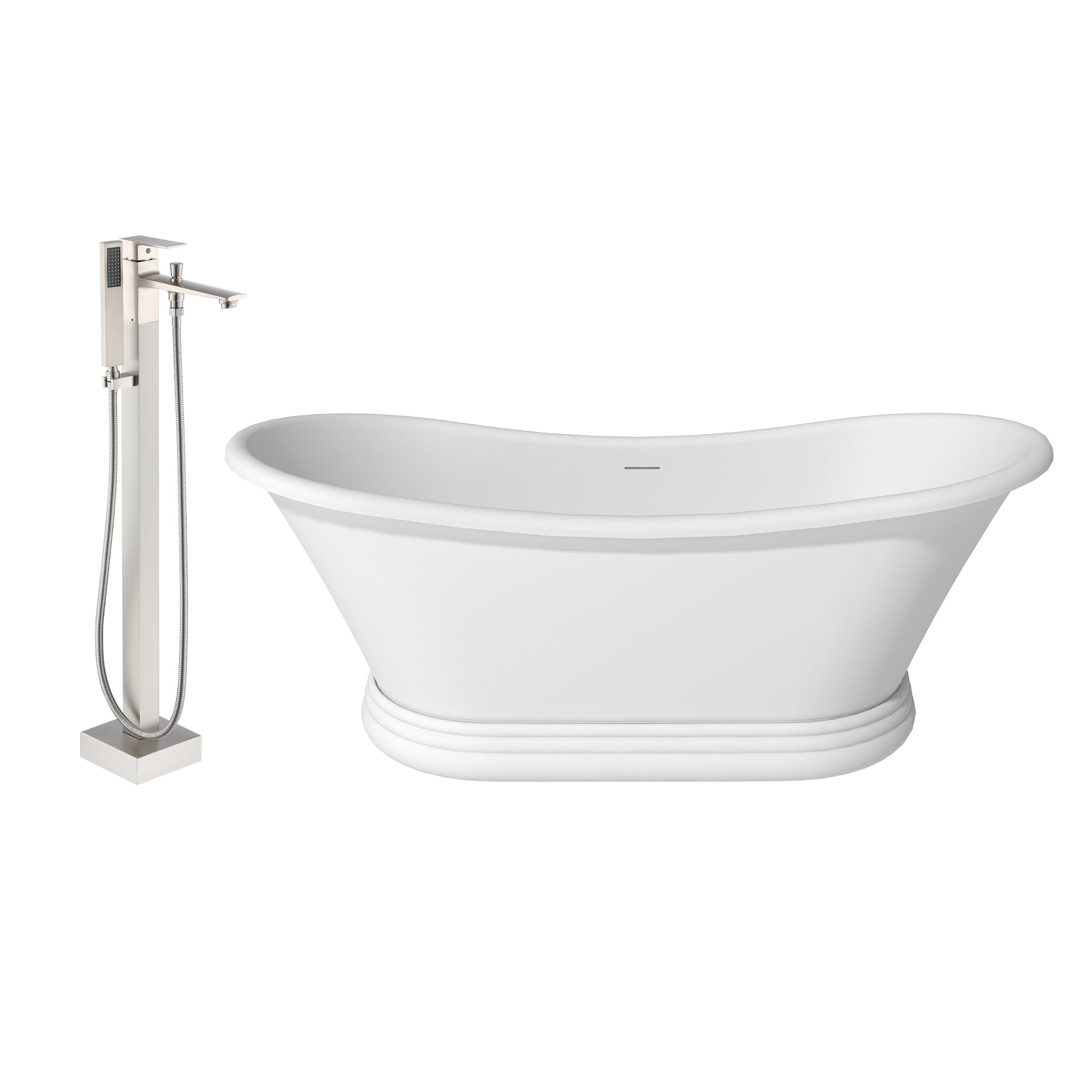 67" Freestanding Solid Surface Stone Bathtub - Matte White Finish, Center Drain, cUPc Certified, Double-Ended High-Back Design(With/without Tub Faucet)