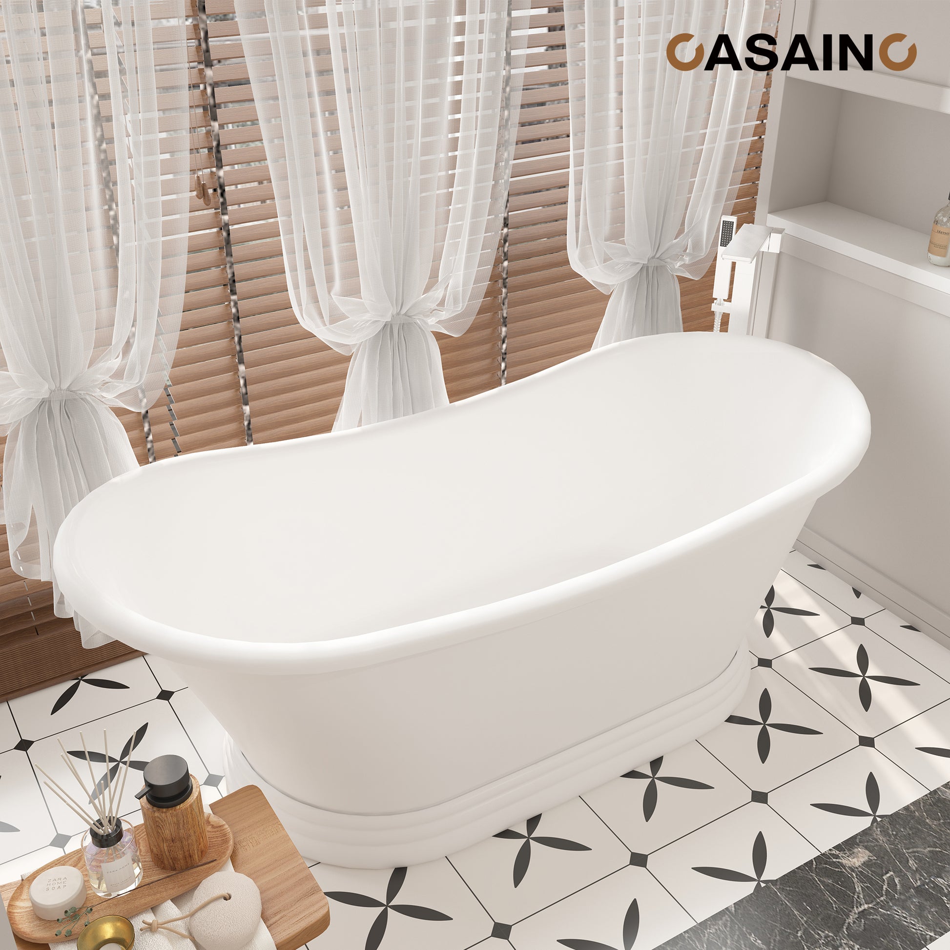 67" Freestanding Solid Surface Stone Bathtub - Matte White Finish, Center Drain, cUPc Certified, Double-Ended High-Back Design(With/without Tub Faucet)