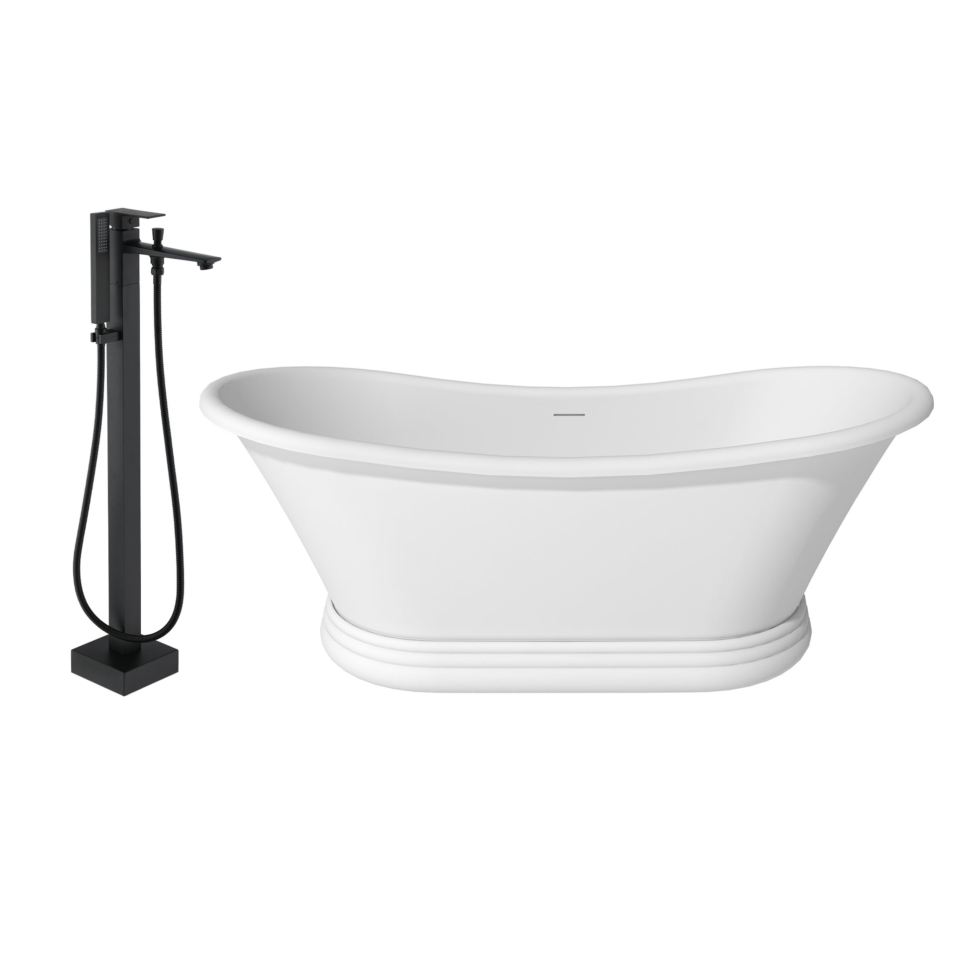 67" Freestanding Solid Surface Stone Bathtub - Matte White Finish, Center Drain, cUPc Certified, Double-Ended High-Back Design(With/without Tub Faucet)