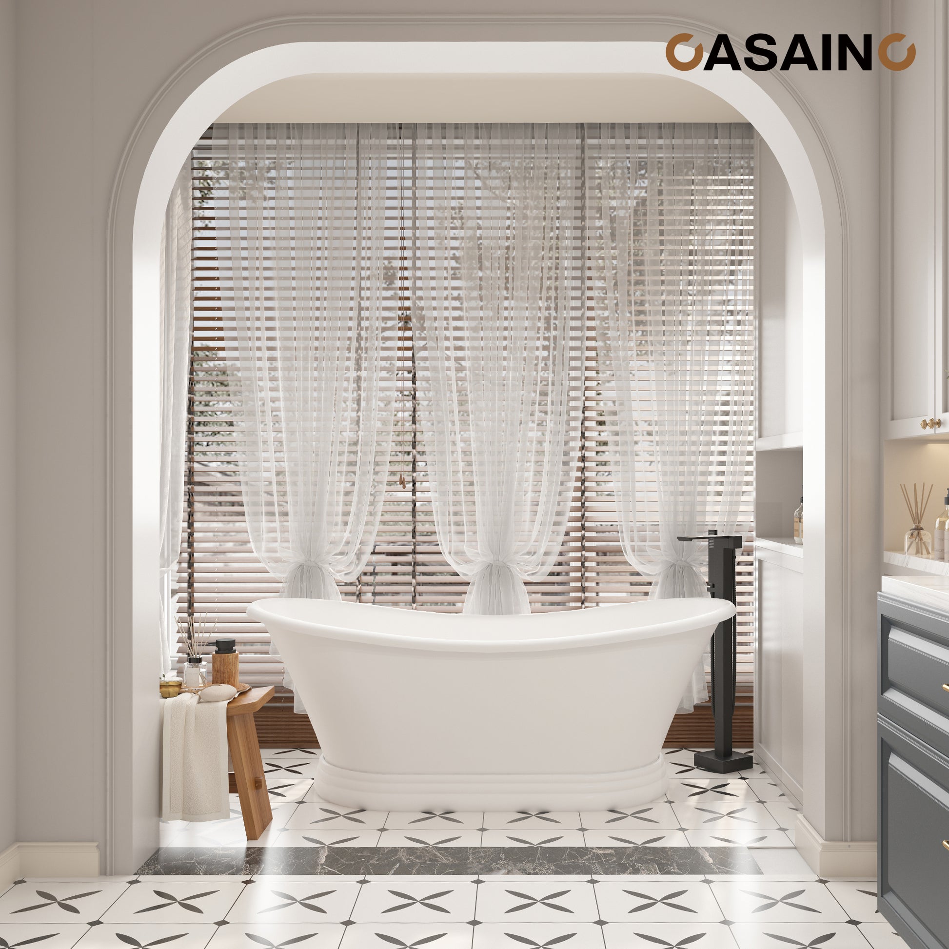 67" Freestanding Solid Surface Stone Bathtub - Matte White Finish, Center Drain, cUPc Certified, Double-Ended High-Back Design(With/without Tub Faucet)