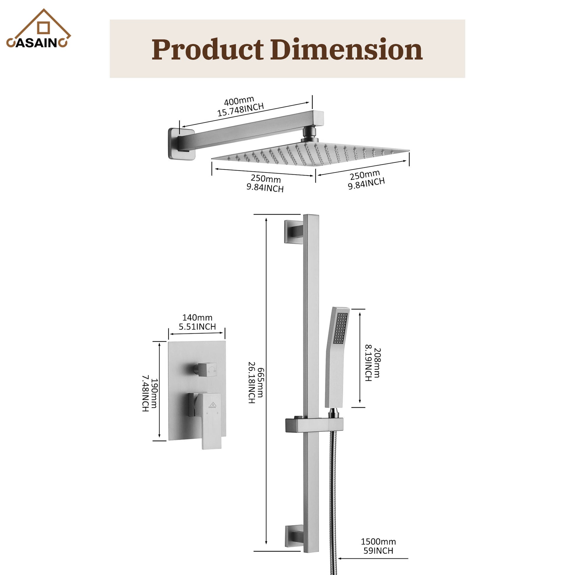 10" Wall Mount Rain Shower Shower System With Hand Shower & Slide Bar