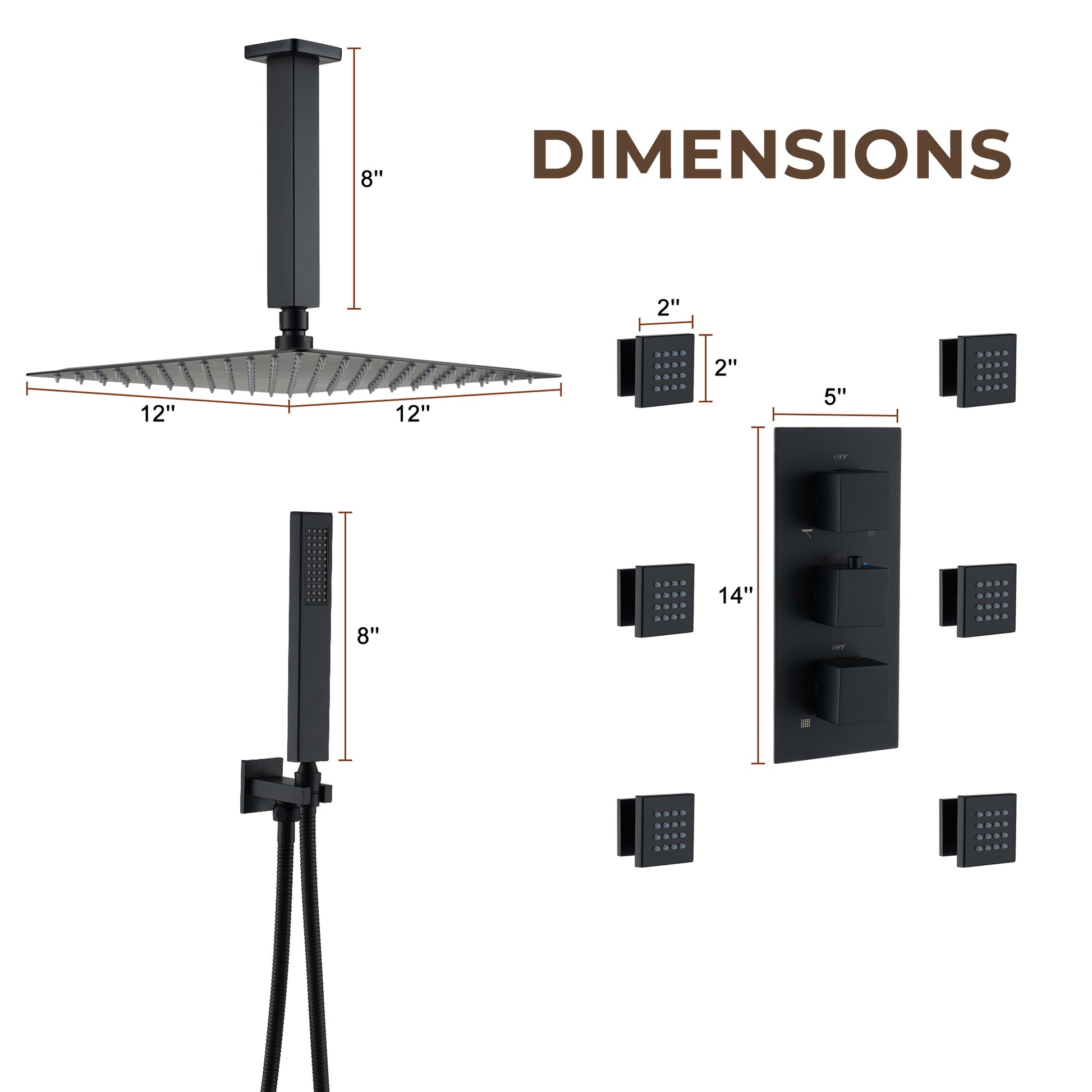 3-Function Ceiling-Mounted Thermostatic Shower System with 6 Body Jets