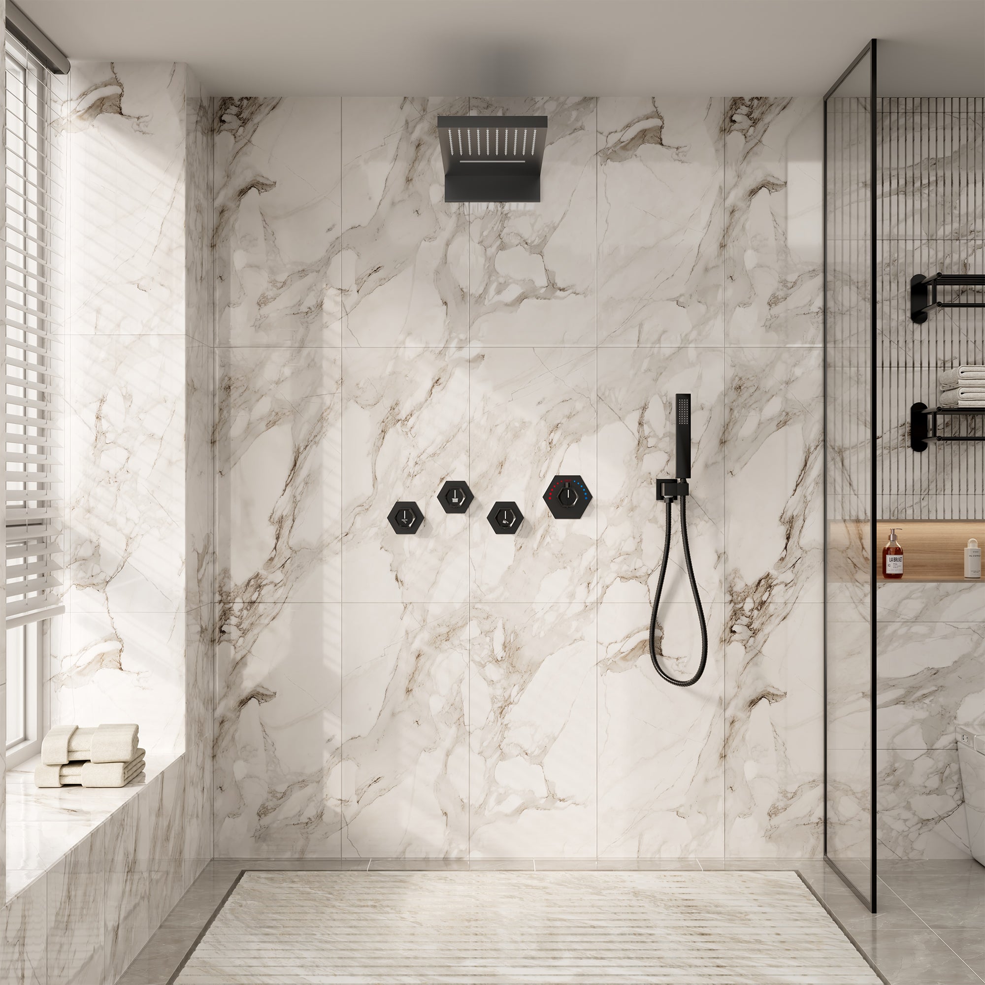 22" Wall-Mount Thermostatic Shower System with 64-Color LED & Built-In Music