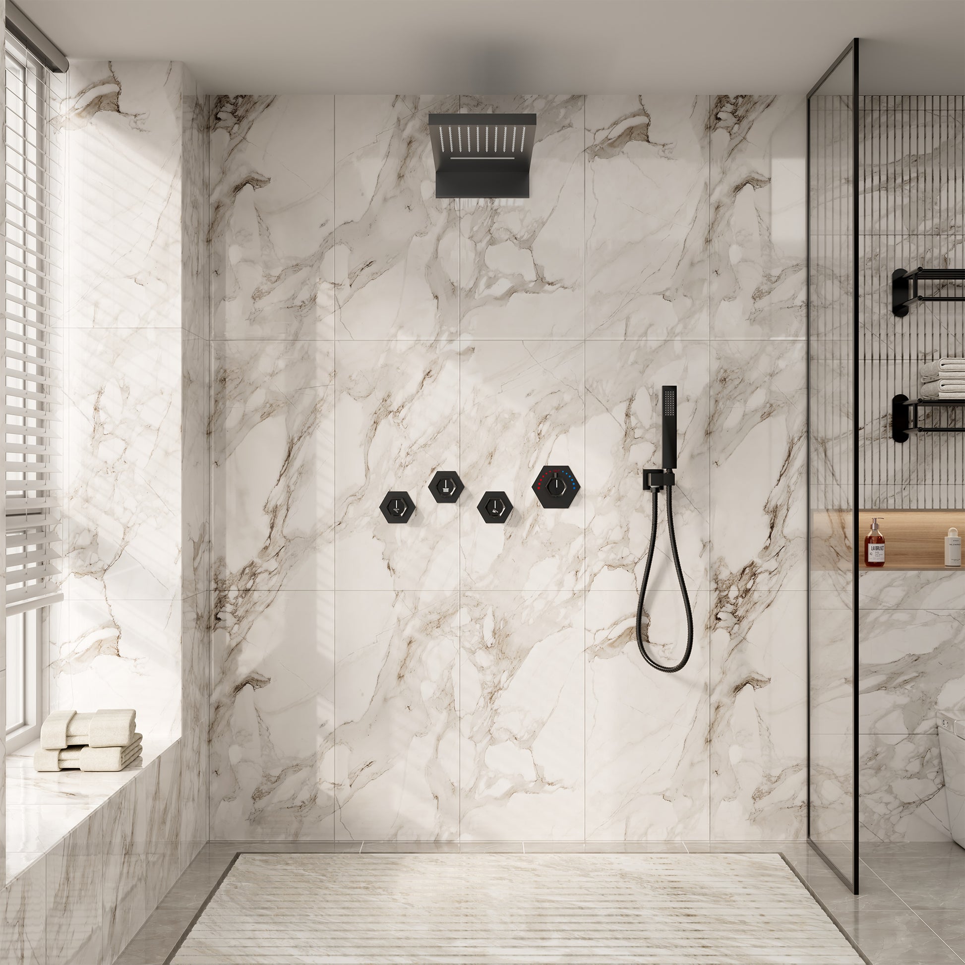 22" Wall-Mount Thermostatic Shower System with 64-Color LED & Built-In Music