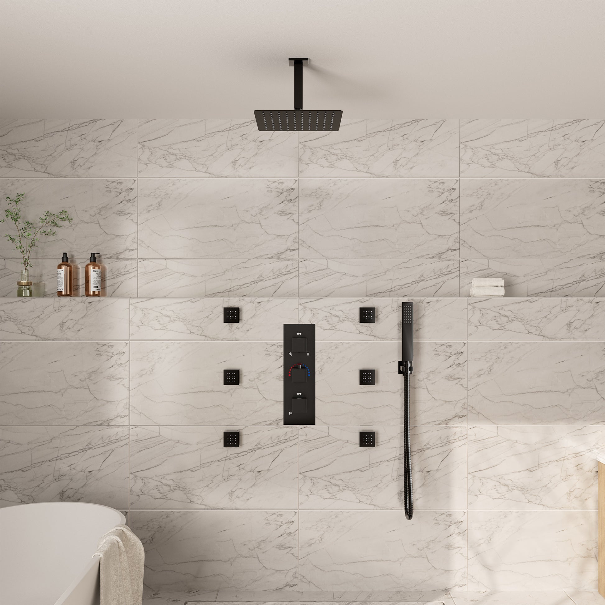 3-Function Ceiling-Mounted Thermostatic Shower System with 6 Body Jets