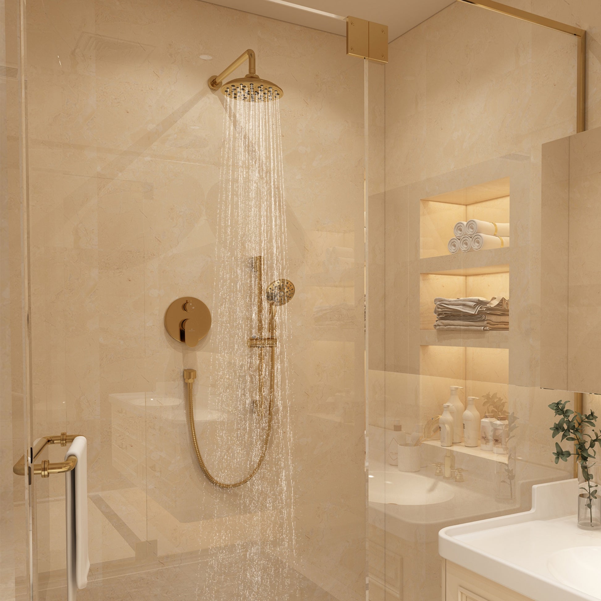 Modern bathroom with gold shower head and fixtures