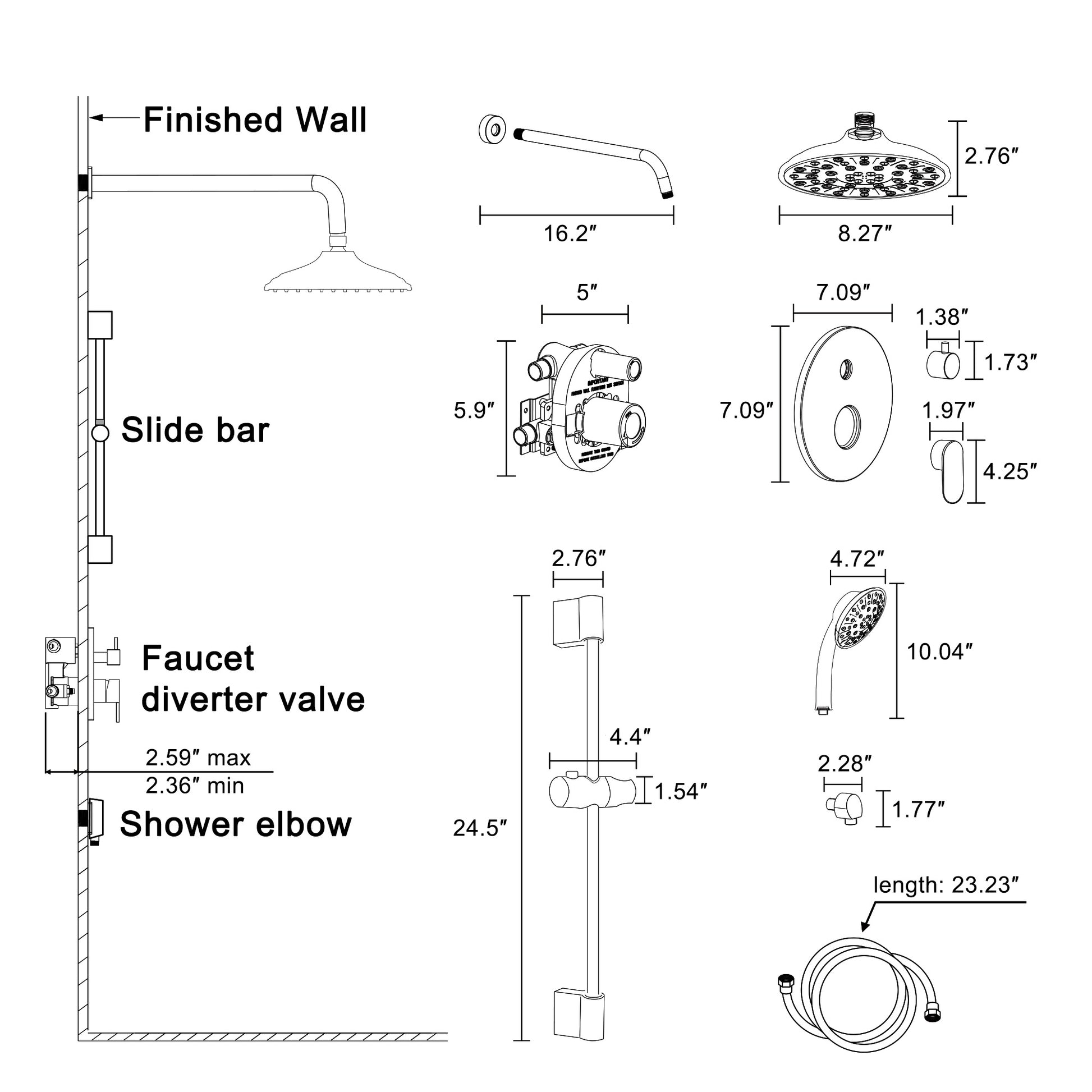 8" Rain Shower Head System with Pressure Balance Valve