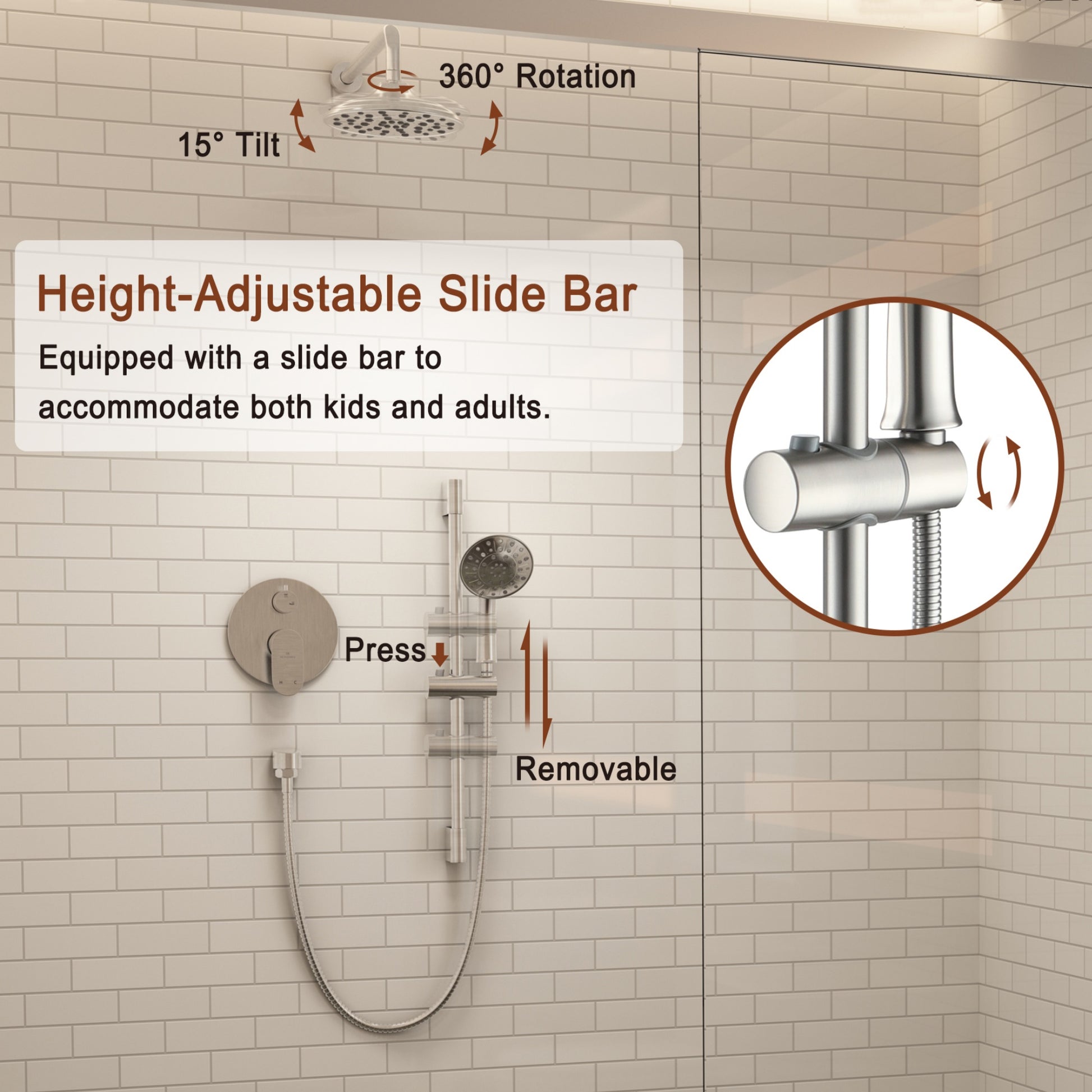 Height-adjustable slide bar shower system with 360-degree rotation and 15-degree tilt