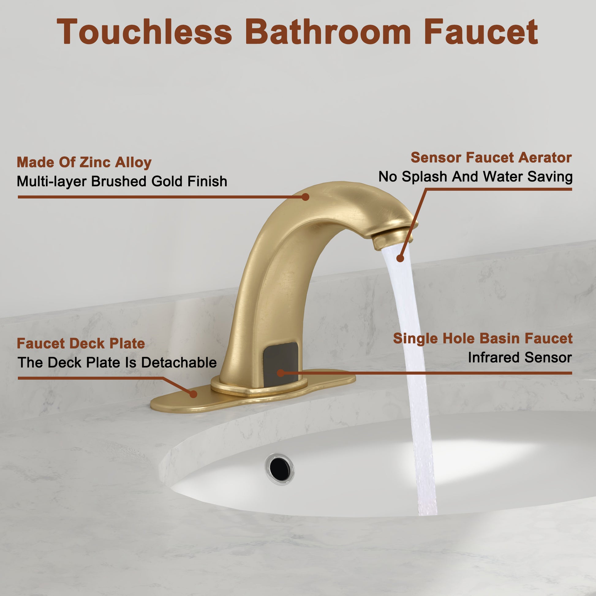 Hands-Free Touchless Bathroom Sink Faucet with Hole Cover Plate