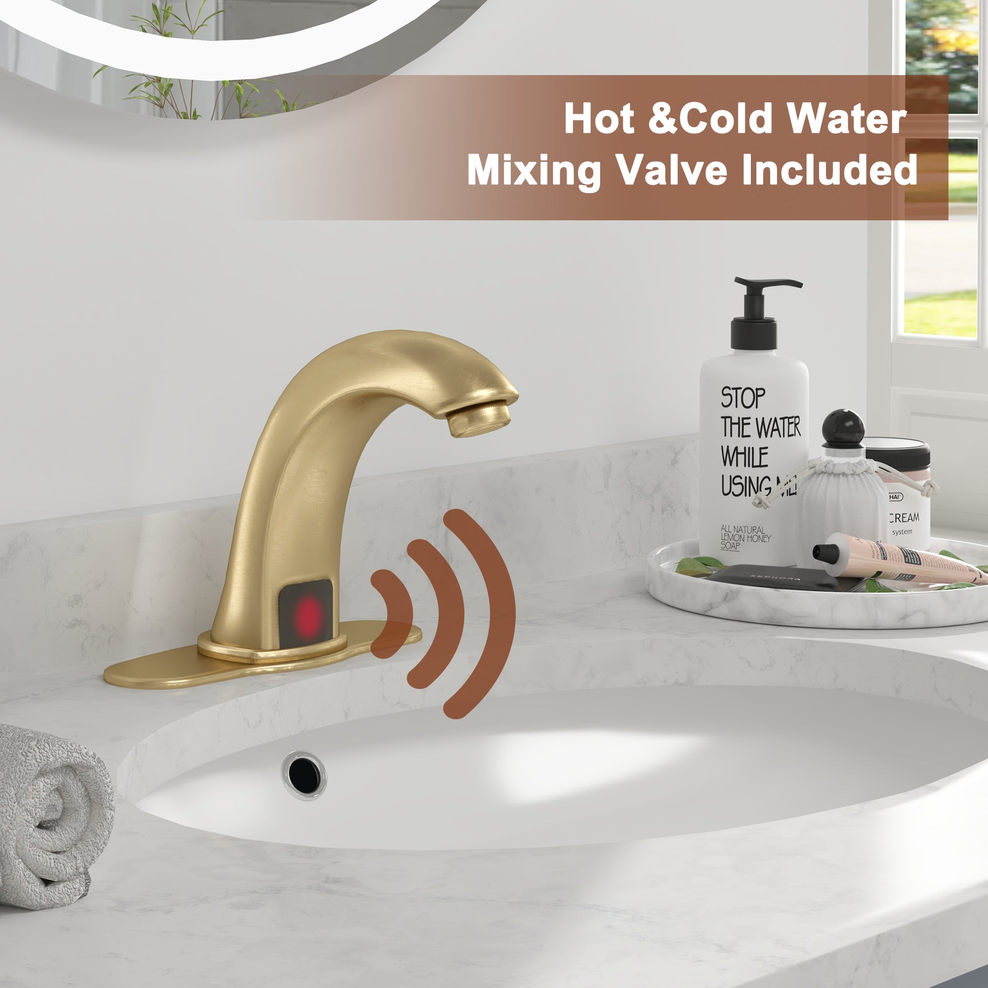 Hands-Free Touchless Bathroom Sink Faucet with Hole Cover Plate