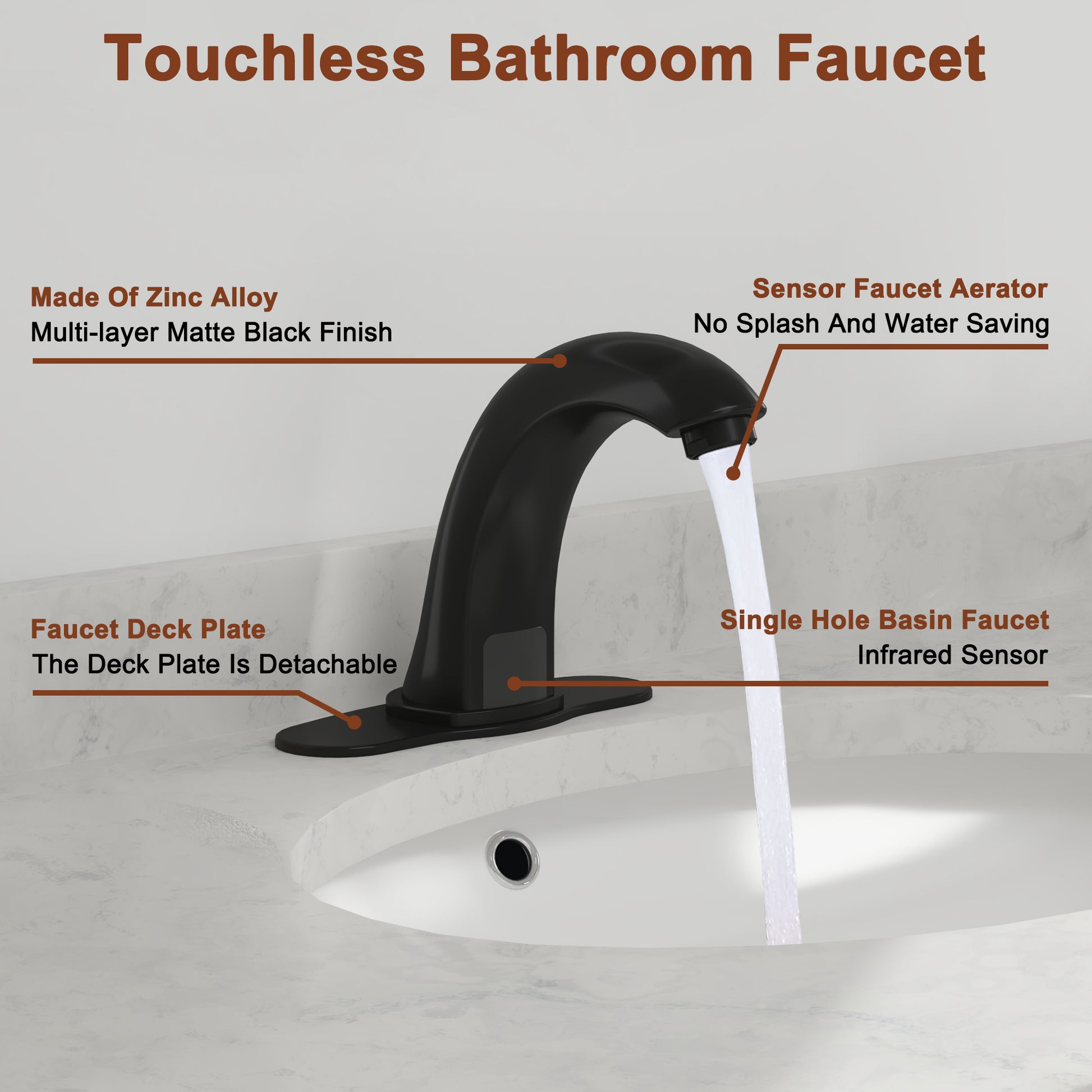 Hands-Free Touchless Bathroom Sink Faucet with Hole Cover Plate