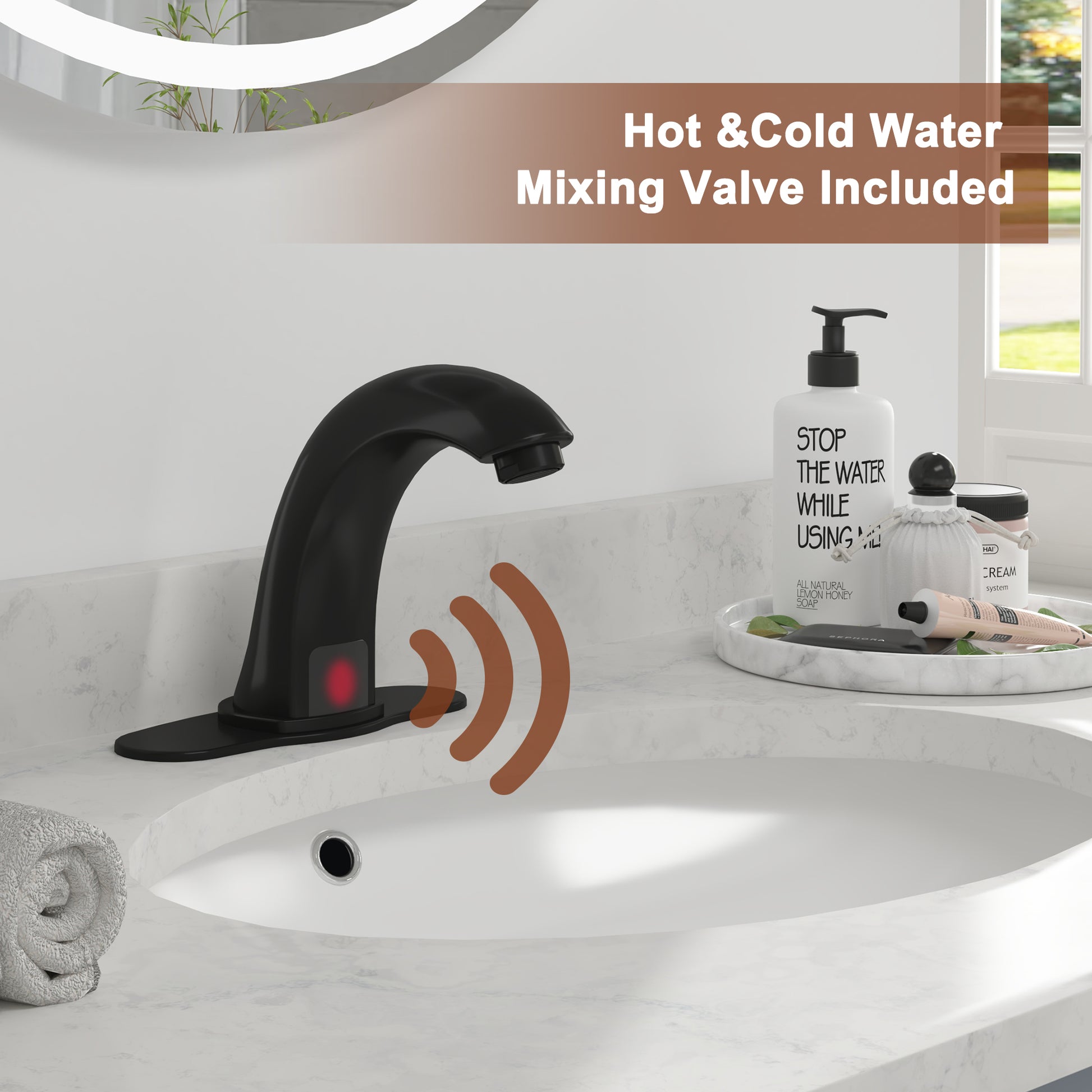 Hands-Free Touchless Bathroom Sink Faucet with Hole Cover Plate