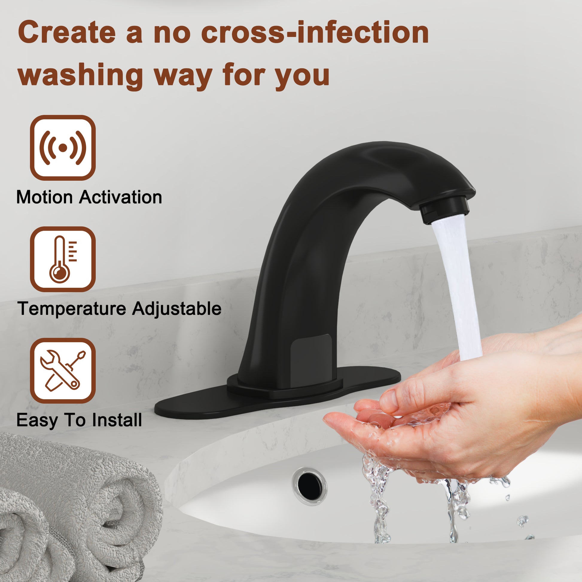 Hands-Free Touchless Bathroom Sink Faucet with Hole Cover Plate