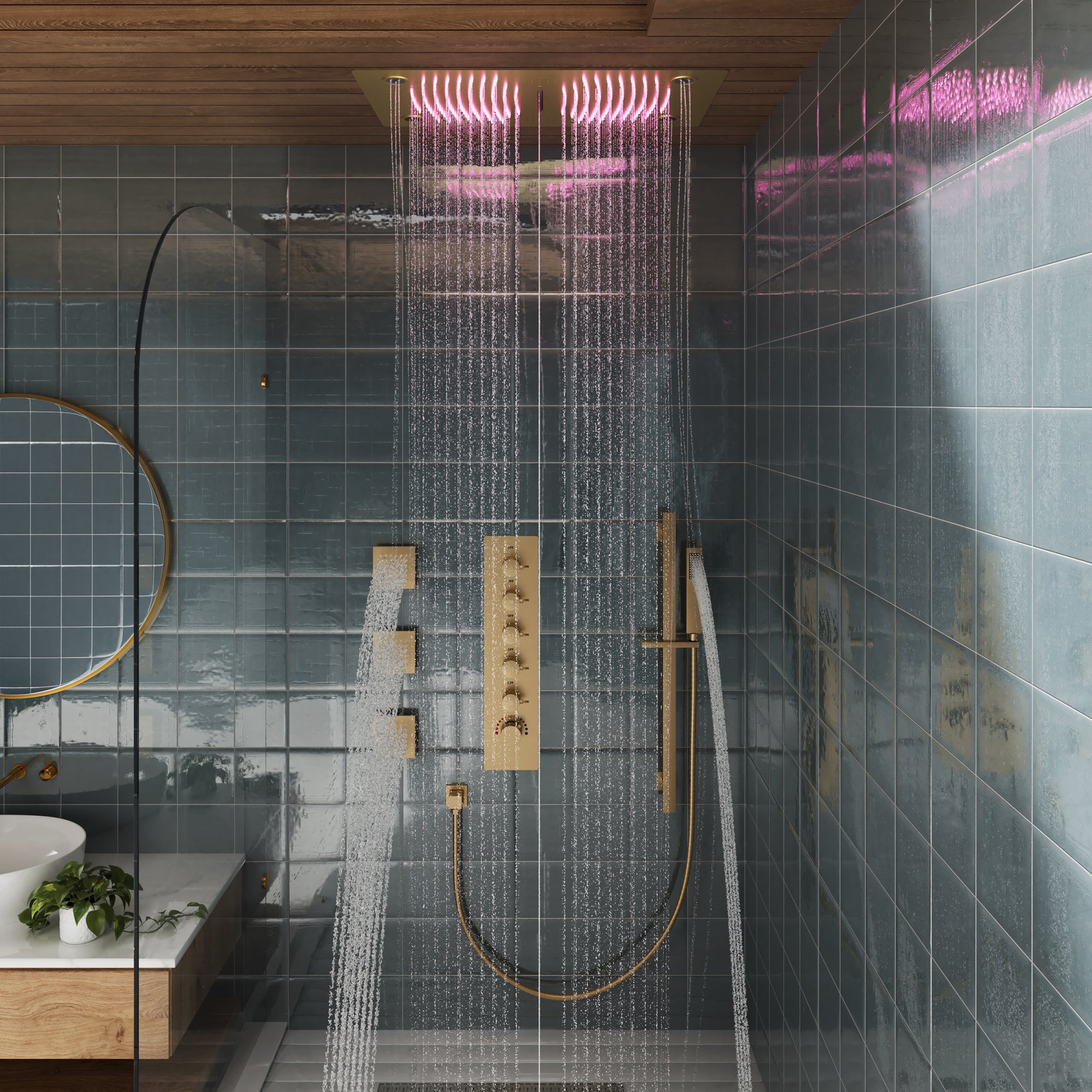 27.6" x 15.7" Luxury Thermostatic Shower System with LED Rainfall & Waterfall