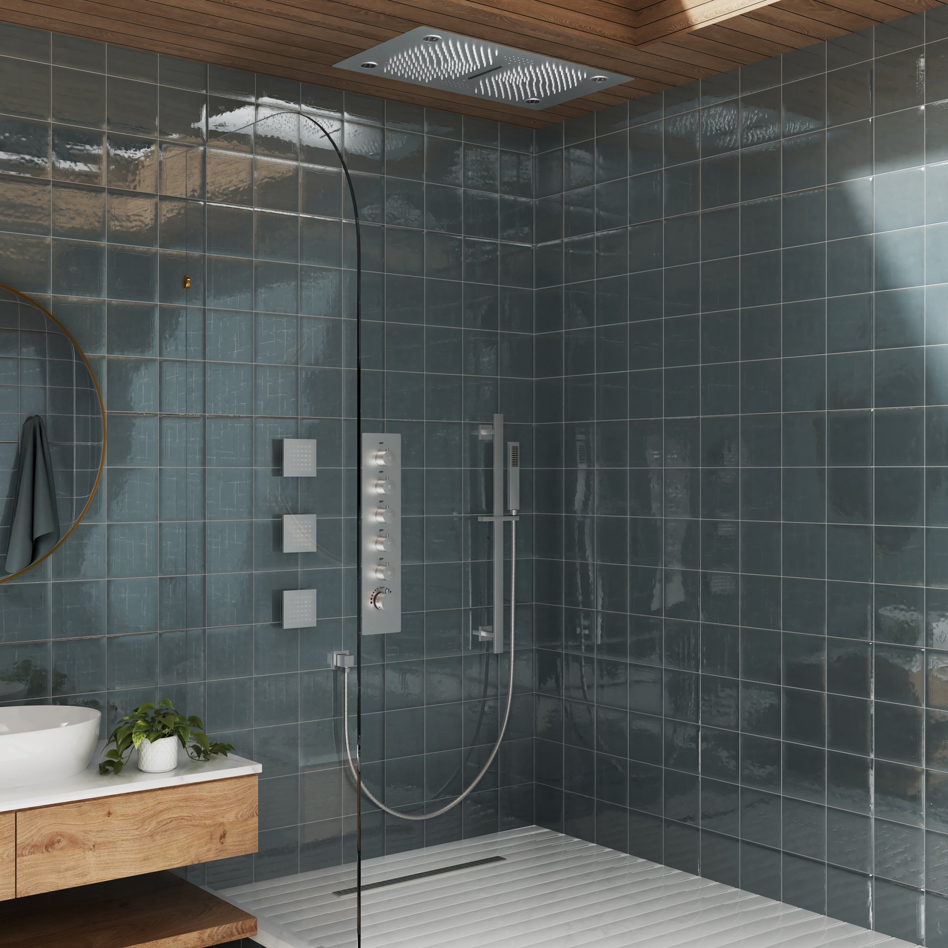 27.6" x 15.7" Luxury Thermostatic Shower System with LED Rainfall & Waterfall