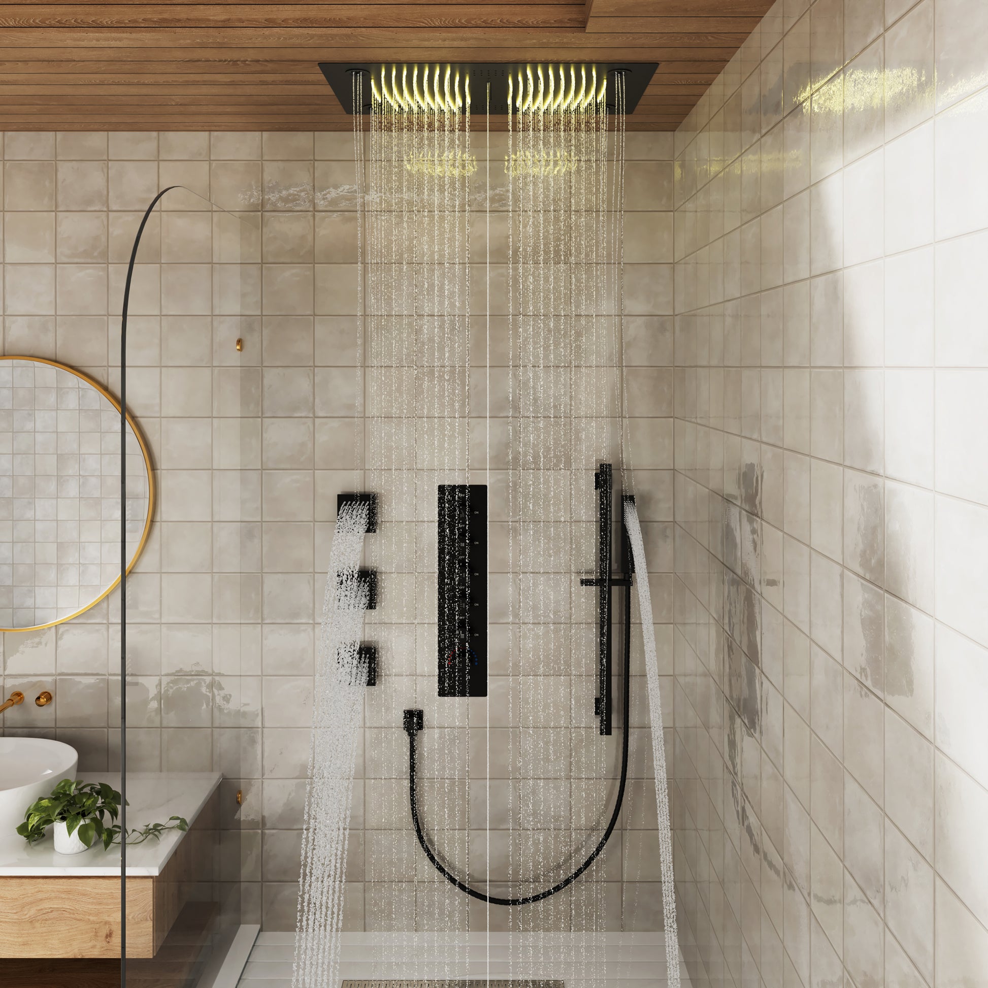 27.6" x 15.7" Luxury Thermostatic Shower System with LED Rainfall & Waterfall