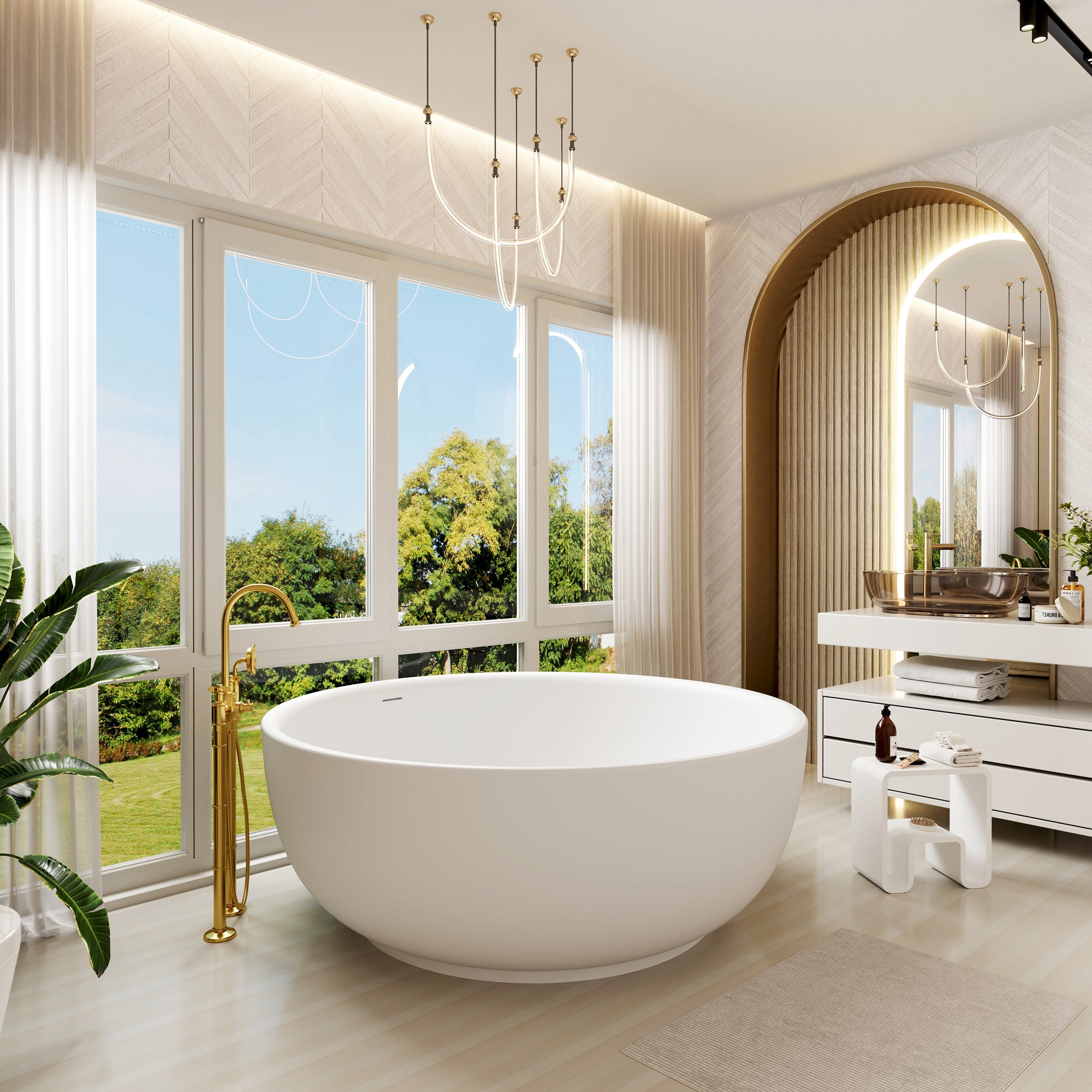 59" Round Solid Surface Freestanding Bathtub for Two in Matte White
