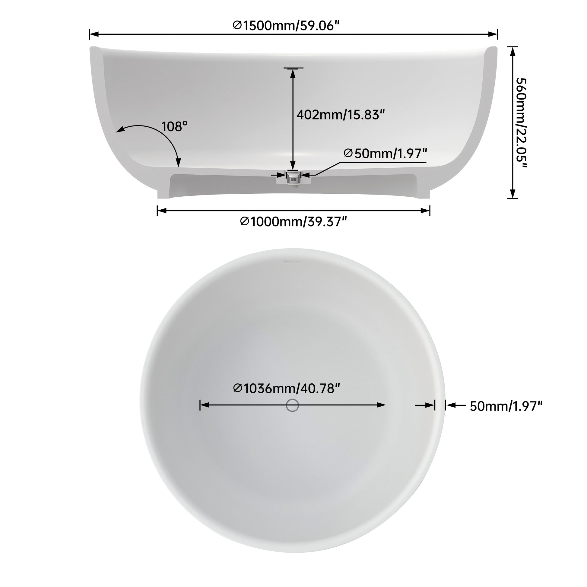 59" Round Solid Surface Freestanding Bathtub for Two in Matte White