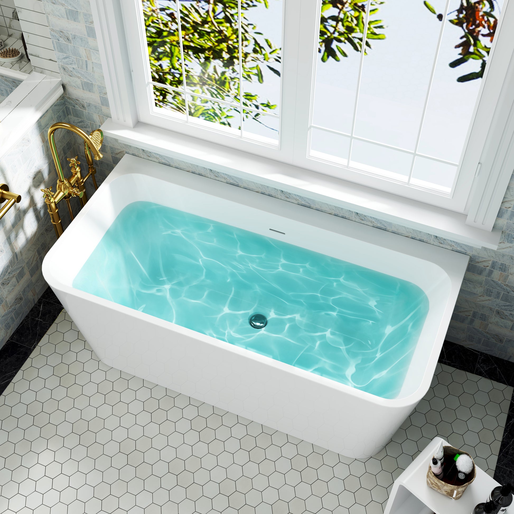 55"/59" Glossy White Square Freestanding Acrylic Bathtub with Modern Industrial Design