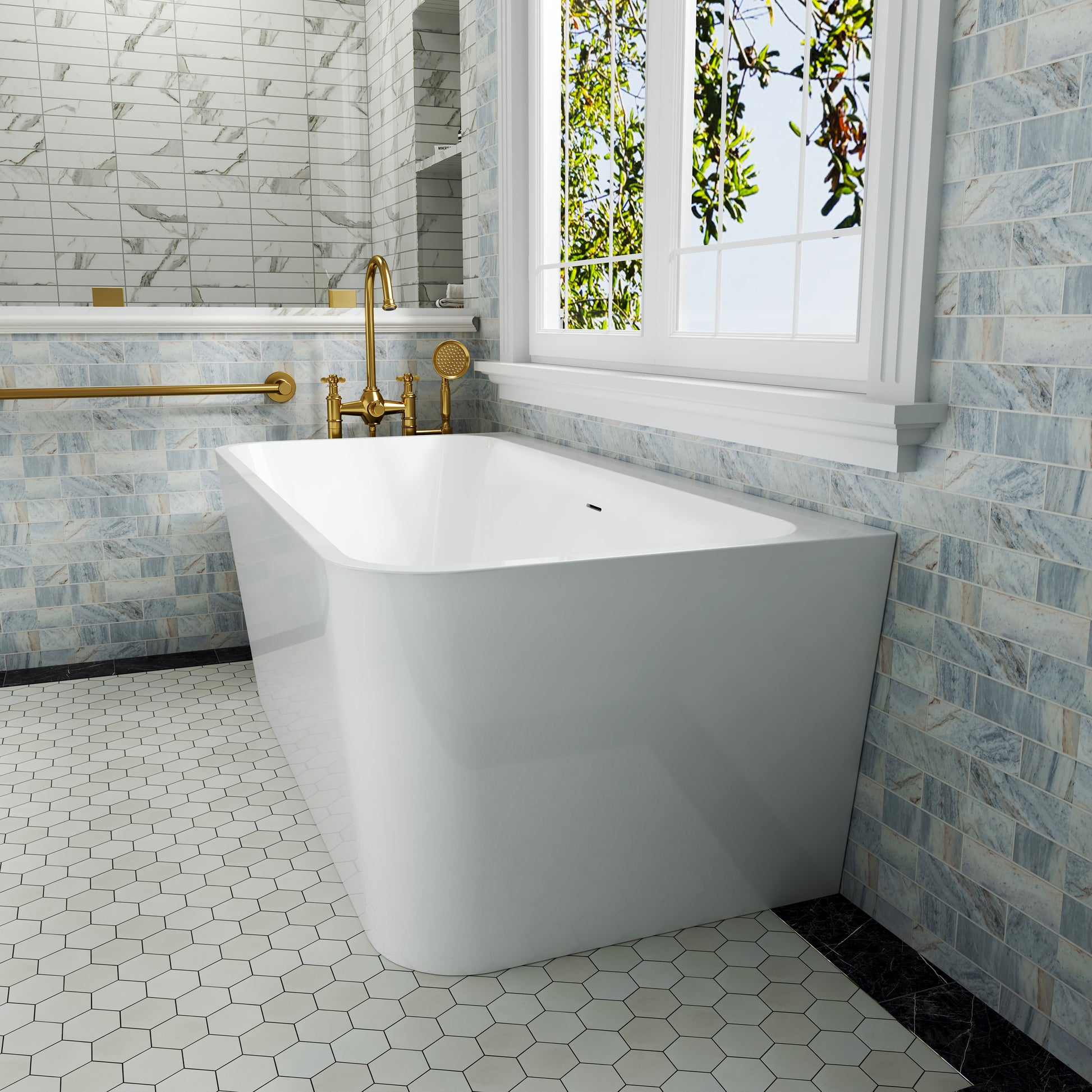 55"/59" Glossy White Square Freestanding Acrylic Bathtub with Modern Industrial Design