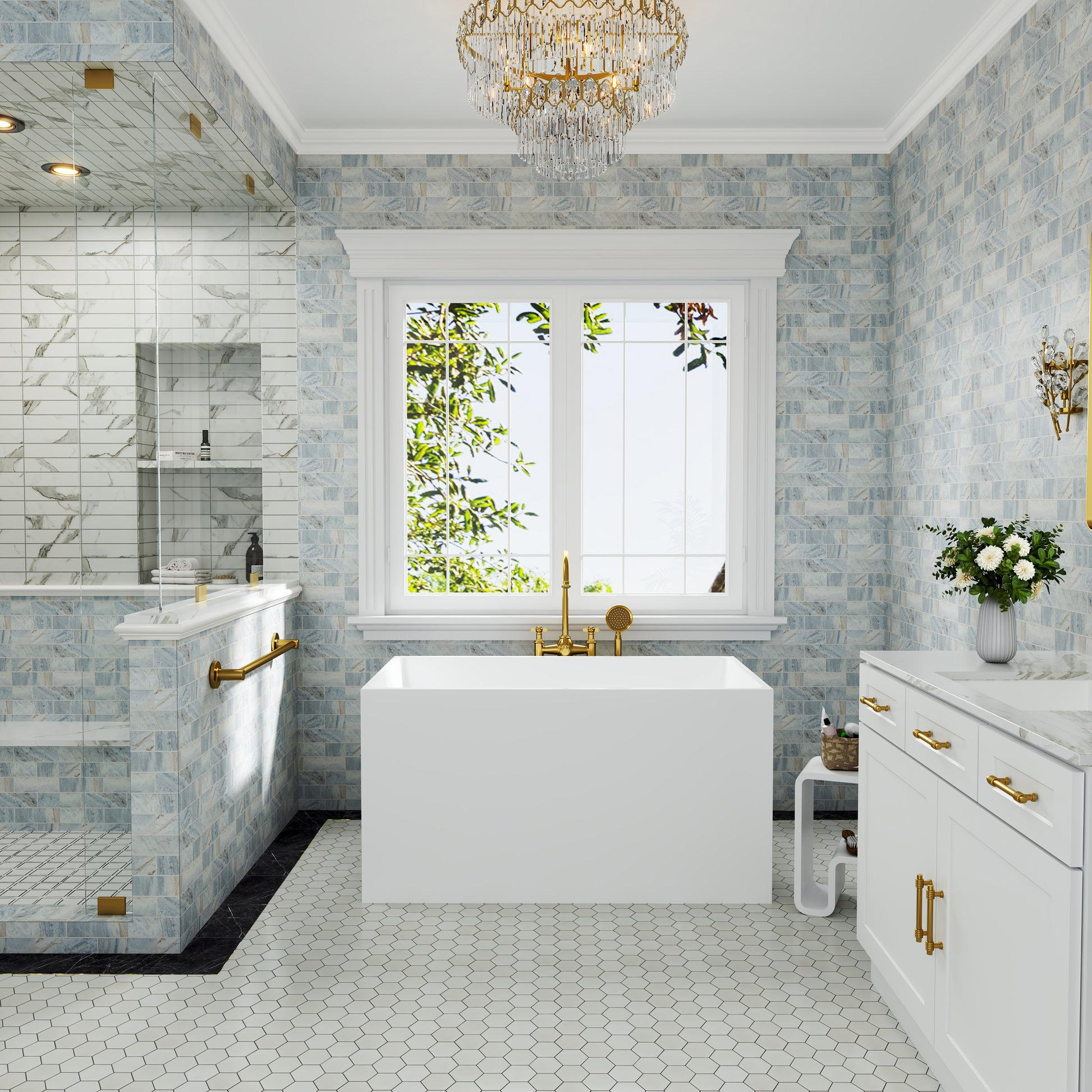 39"/47" Glossy White Minimalist Freestanding Bathtub with Built-In Seat