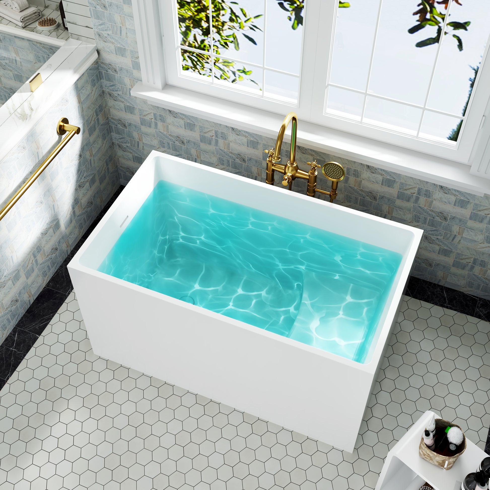 39"/47" Glossy White Minimalist Freestanding Bathtub with Built-In Seat