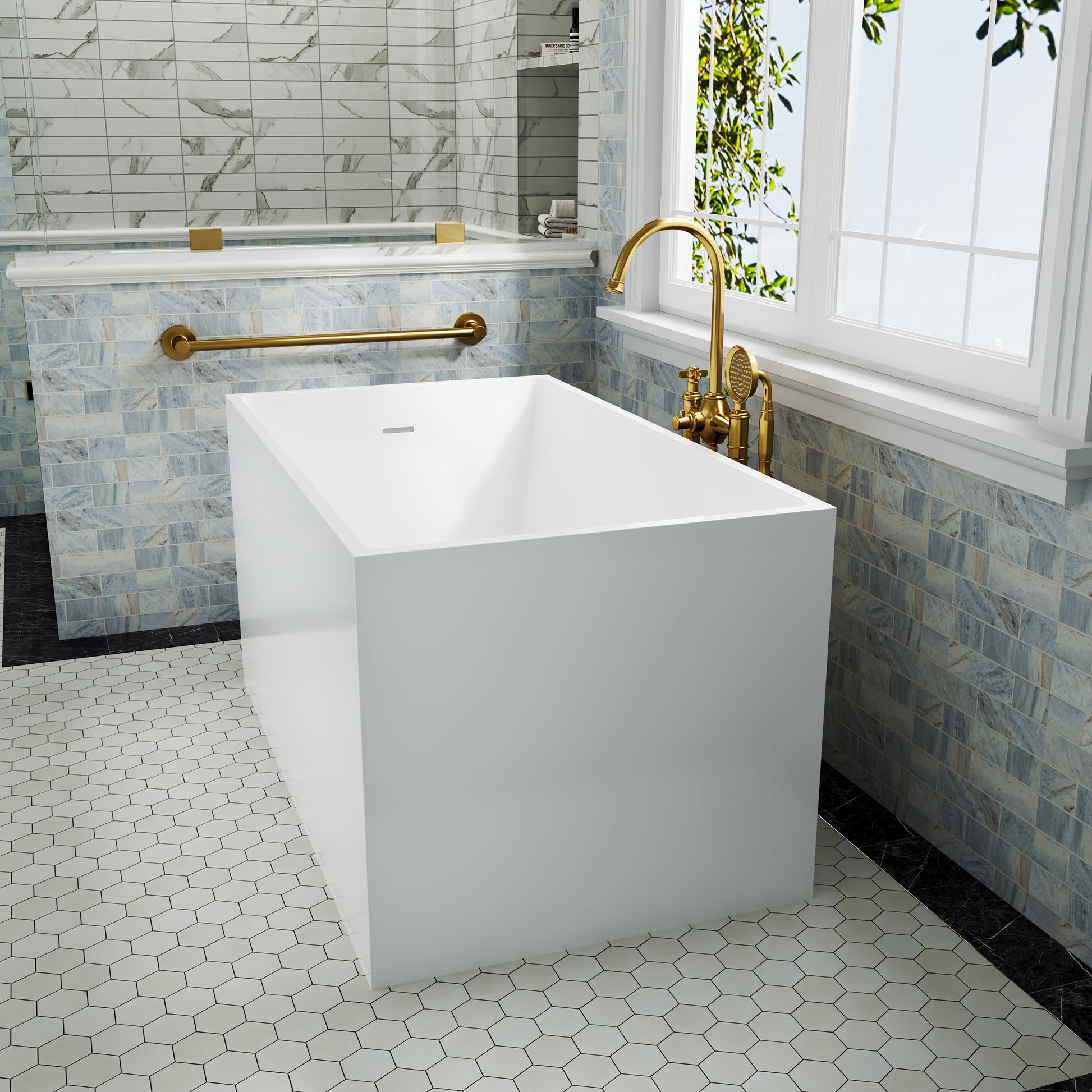 39"/47" Glossy White Minimalist Freestanding Bathtub with Built-In Seat