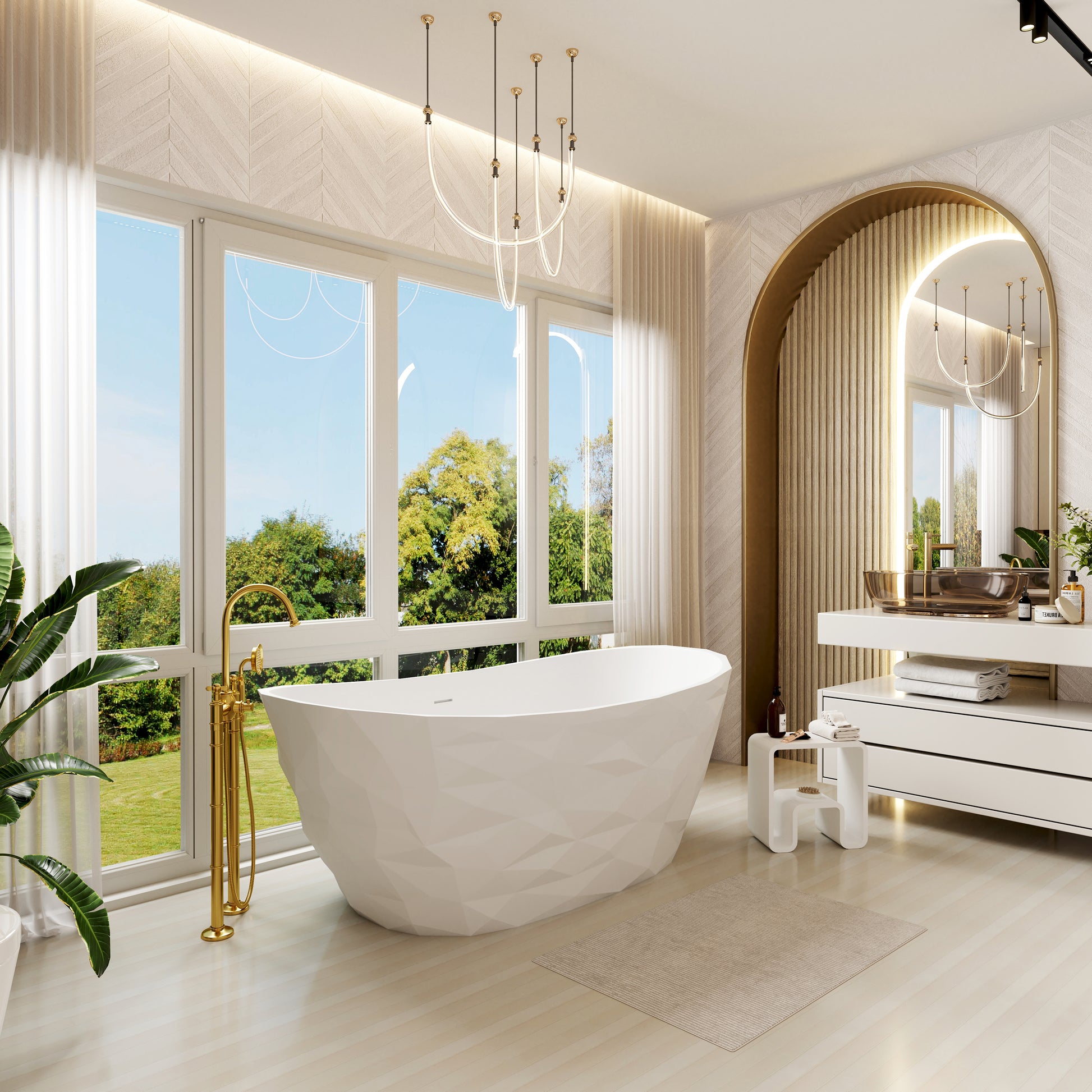 64" Matte White Faceted Solid Surface Freestanding Bathtub with Architectural Geometry