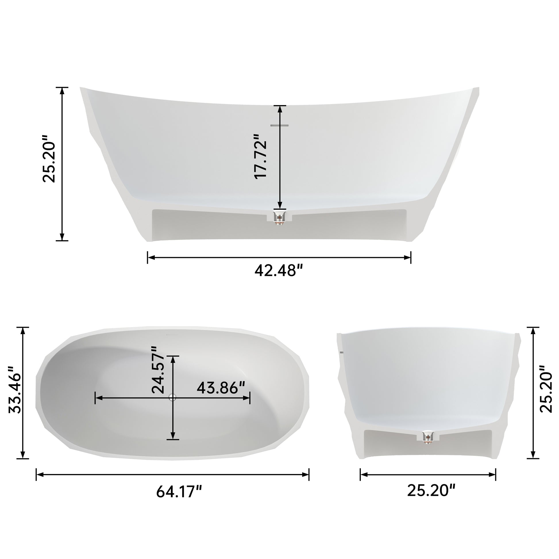 64" Matte White Faceted Solid-Surface Freestanding Bathtub with