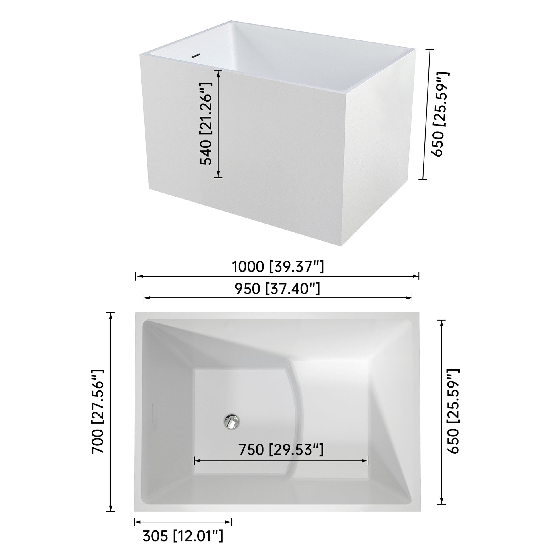 39"/47" Glossy White Minimalist Freestanding Bathtub with Built-In Seat