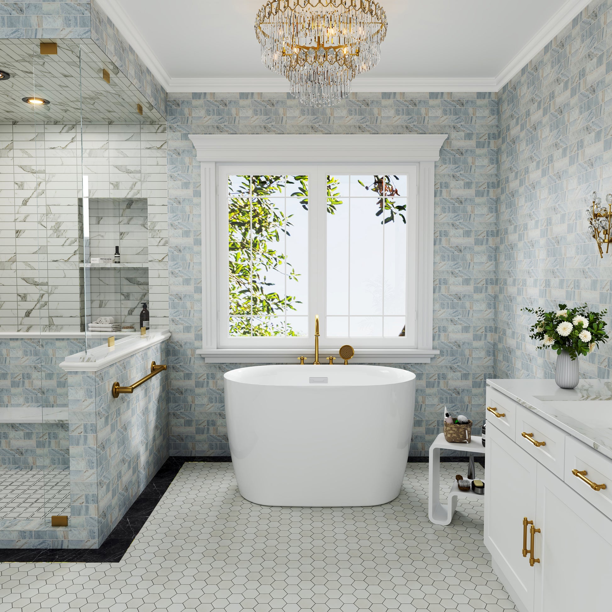 43" Transitional Acrylic Freestanding Bathtub with Built-In Seat
