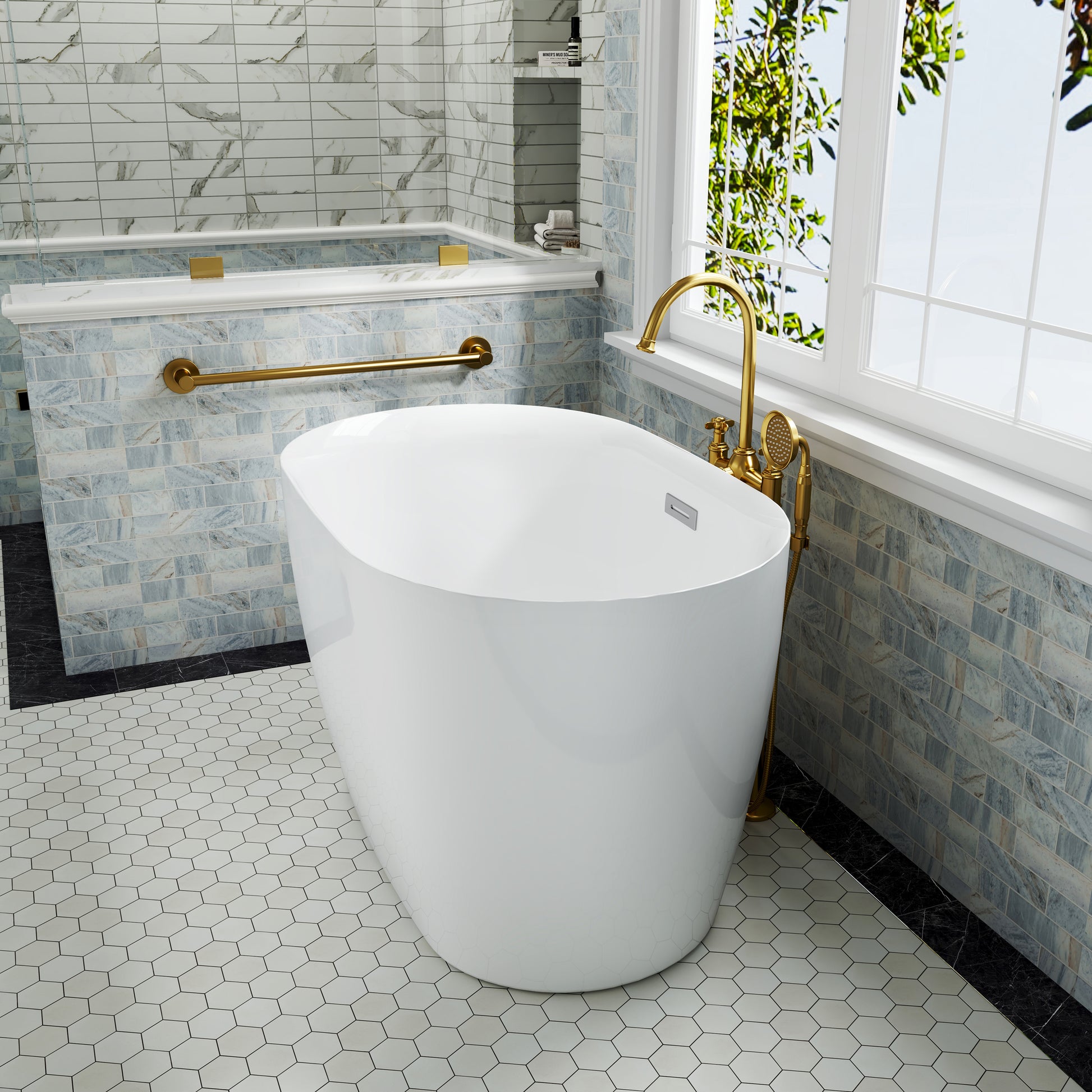 43" Transitional Acrylic Freestanding Bathtub with Built-In Seat
