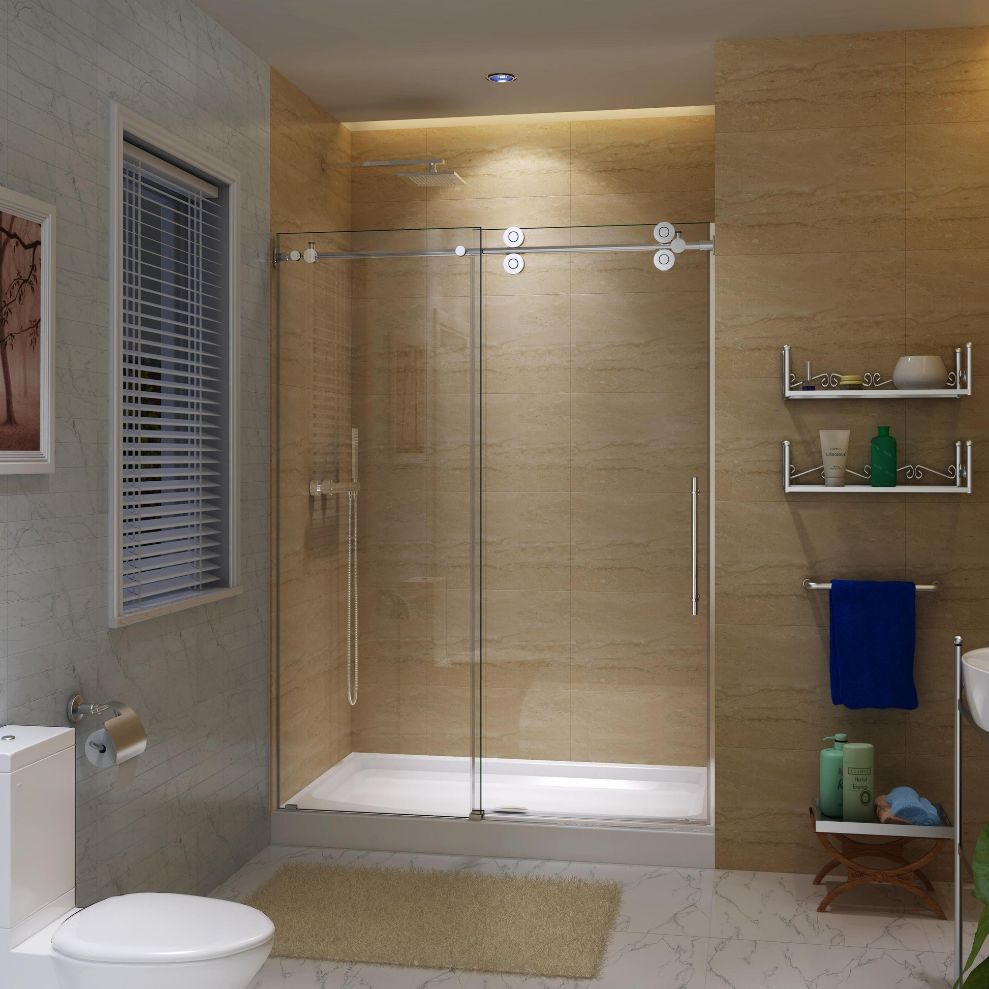 Shower Door 59" W x 72" H Frameless Bypass Sliding Shower Door, 8mm Tempered Glass, Reversible Entry Design in Chrome / Brushed Nickel / Matte Black