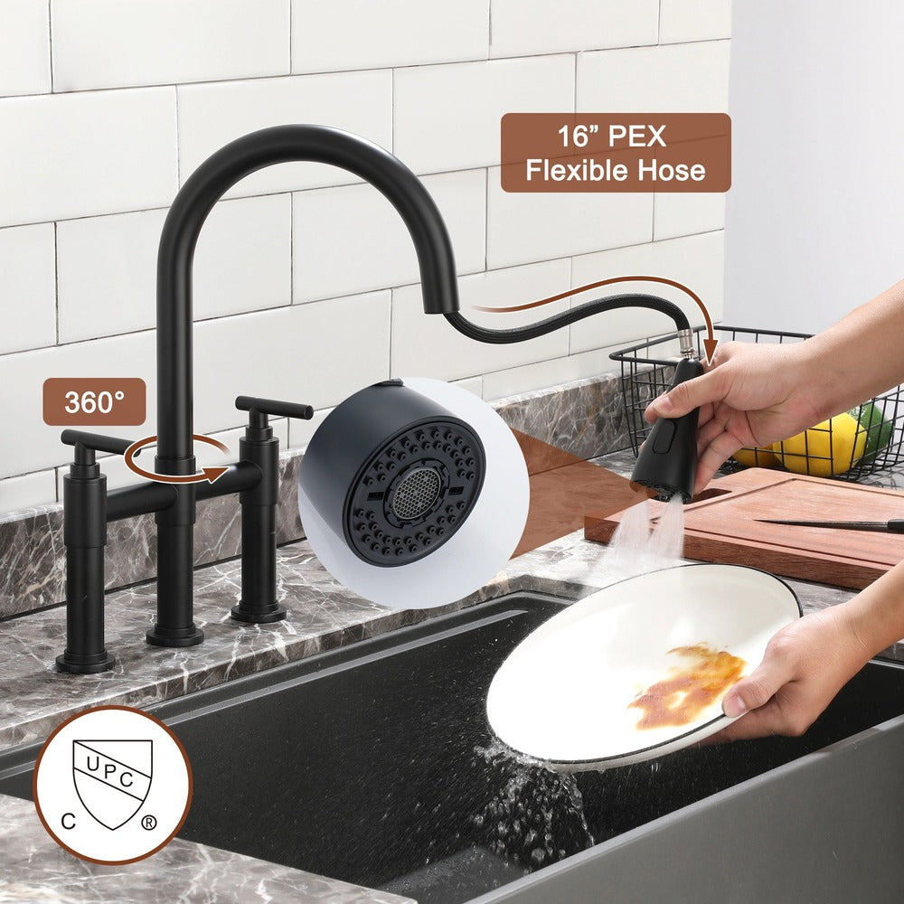 2 Hands 3 Holes Widespread Kitchen Faucet with 3 Way Spray Function