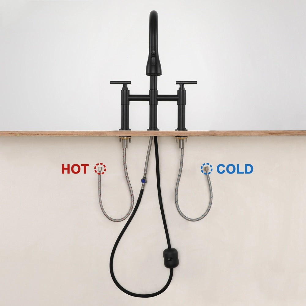 2 Hands 3 Holes Widespread Kitchen Faucet with 3 Way Spray Function