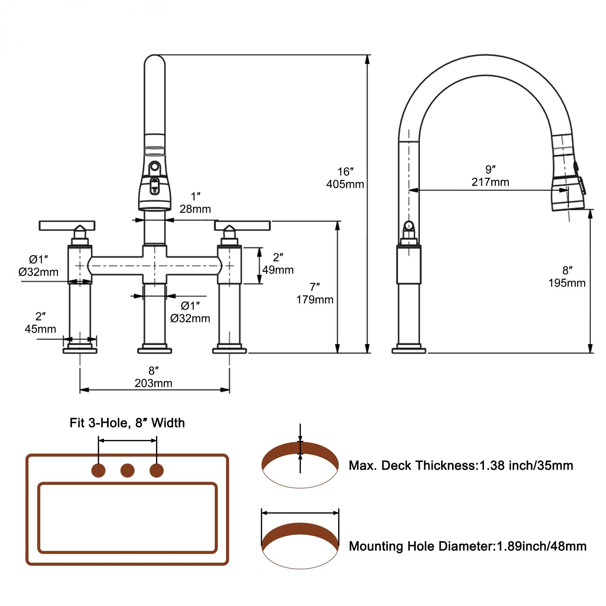 Bridge Kitchen Faucet with 3-Mode Pull-Down Sprayer, Brushed Nickel Finish