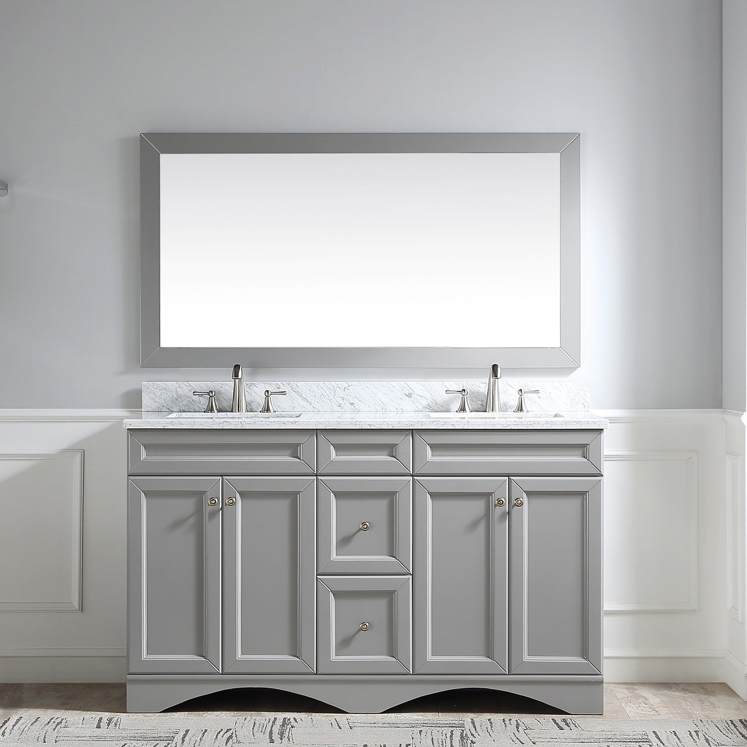 CASAINC 60" Solid Wood Bathroom Vanity with 1.2" Edge Italian Carrara Marble Countertop & Backsplash, Center Rectangular Sink, 4 Soft Closing Doors, 2 functional drawers, Grey, Matte White, Mirror, No Mirror