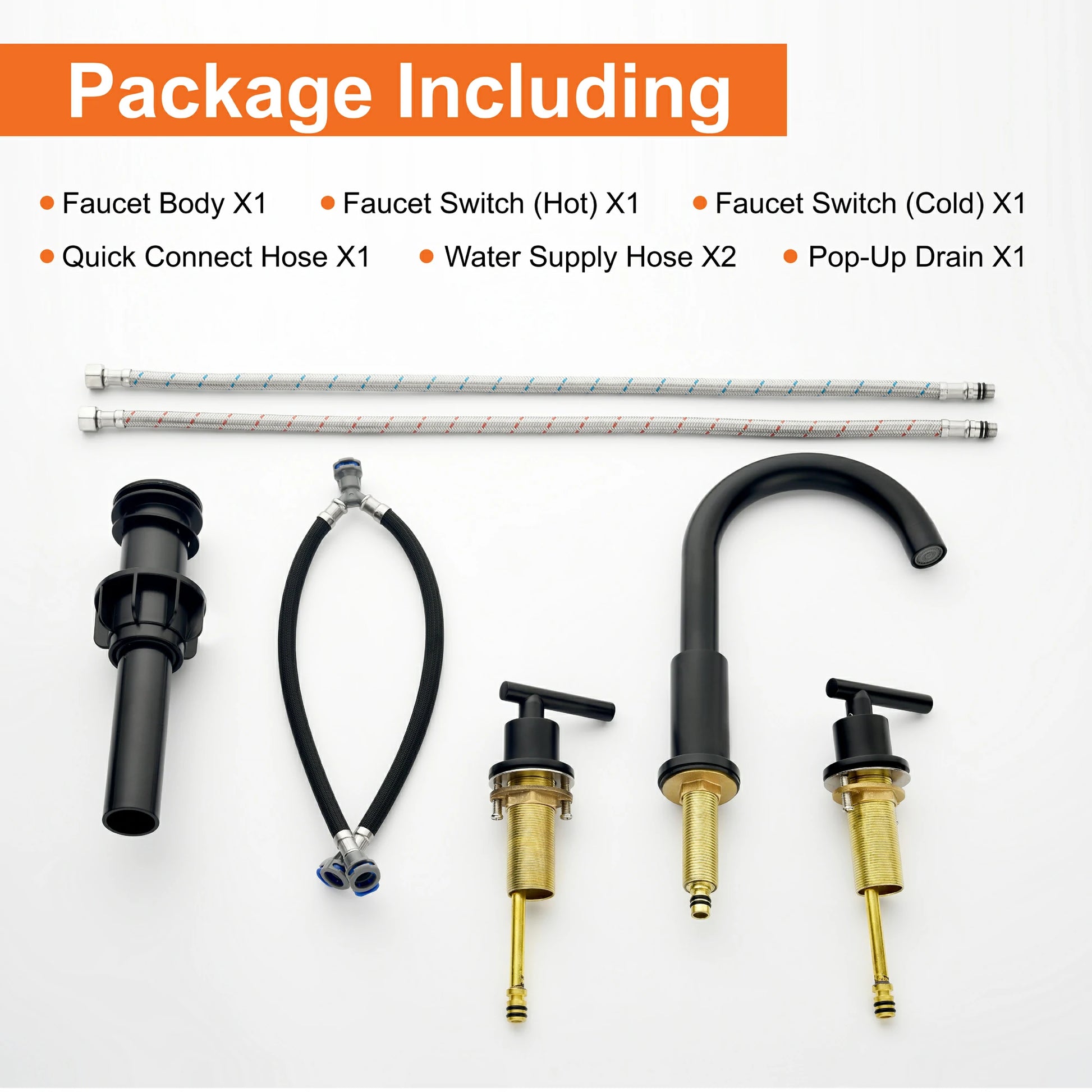 Matte Black 3 Hole Bathroom Faucet with Two Handles, Quick Connect Hose and Pop-Up Drain