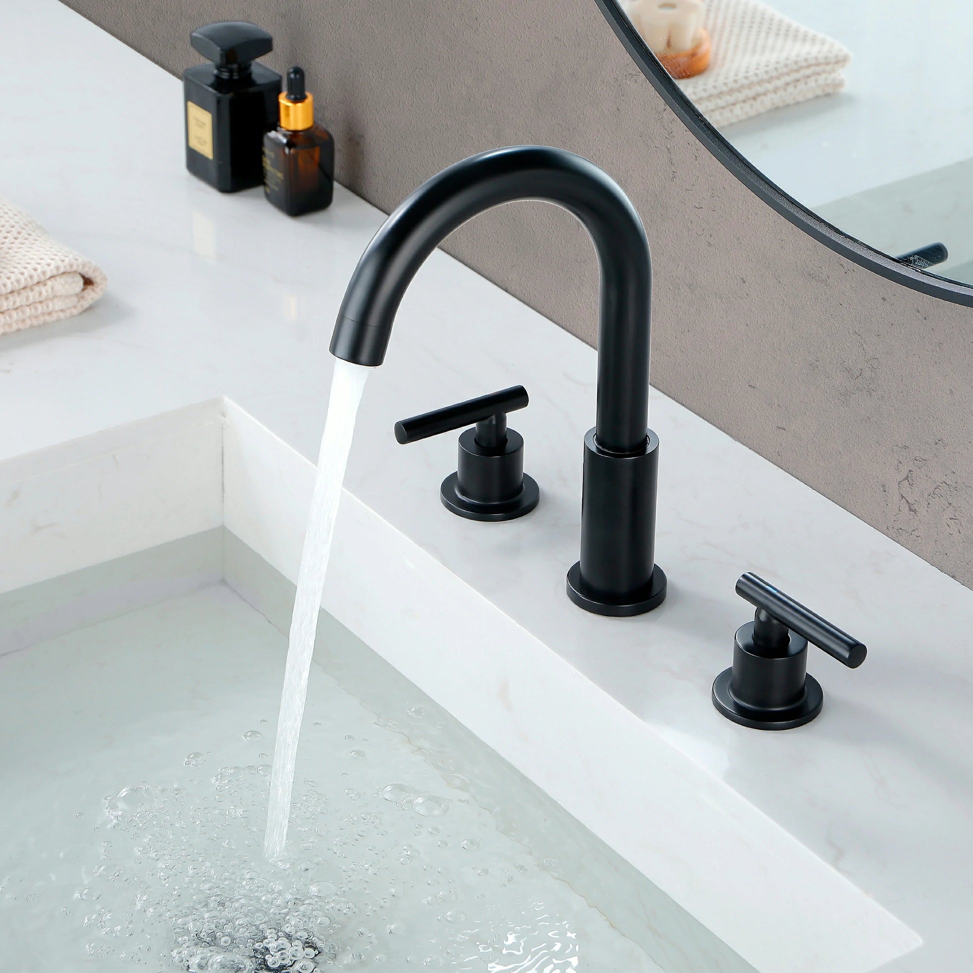 Matte Black 3 Hole Bathroom Faucet with Two Handles, Quick Connect Hose and Pop-Up Drain