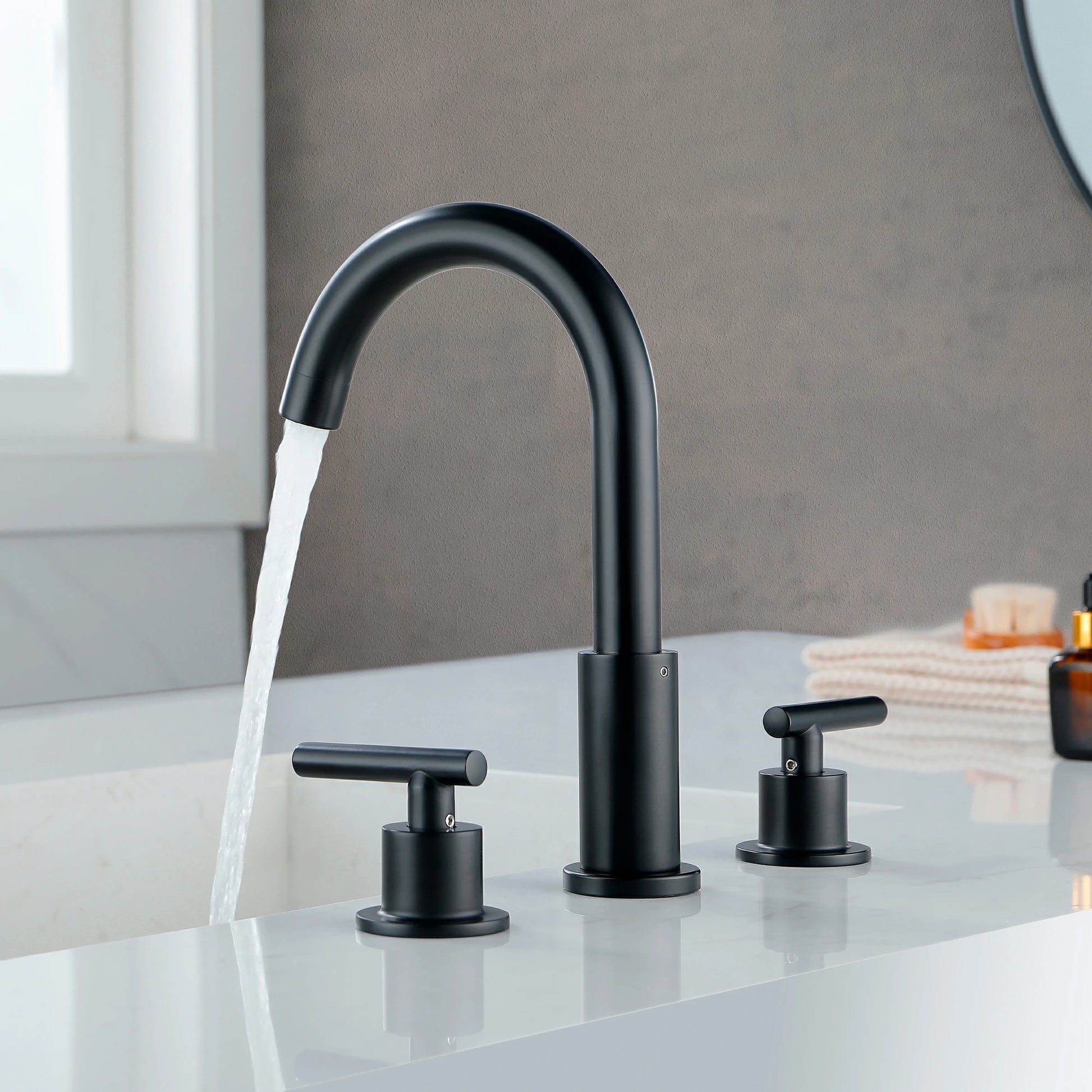 Matte Black 3 Hole Bathroom Faucet with Two Handles, Quick Connect Hose and Pop-Up Drain