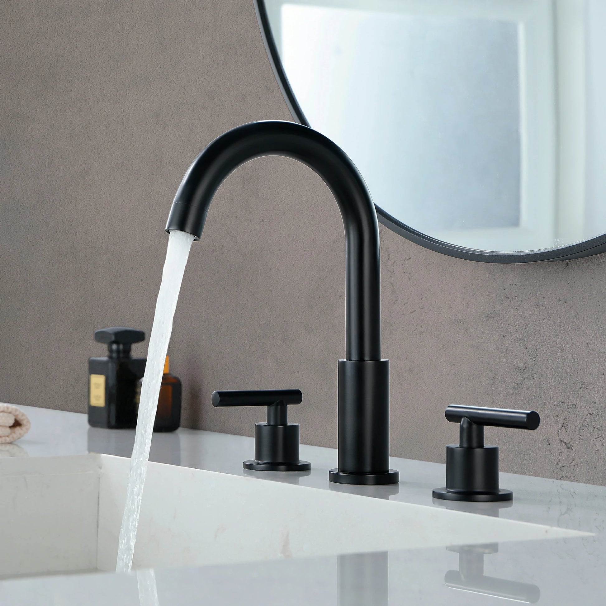 Matte Black 3 Hole Bathroom Faucet with Two Handles, Quick Connect Hose and Pop-Up Drain