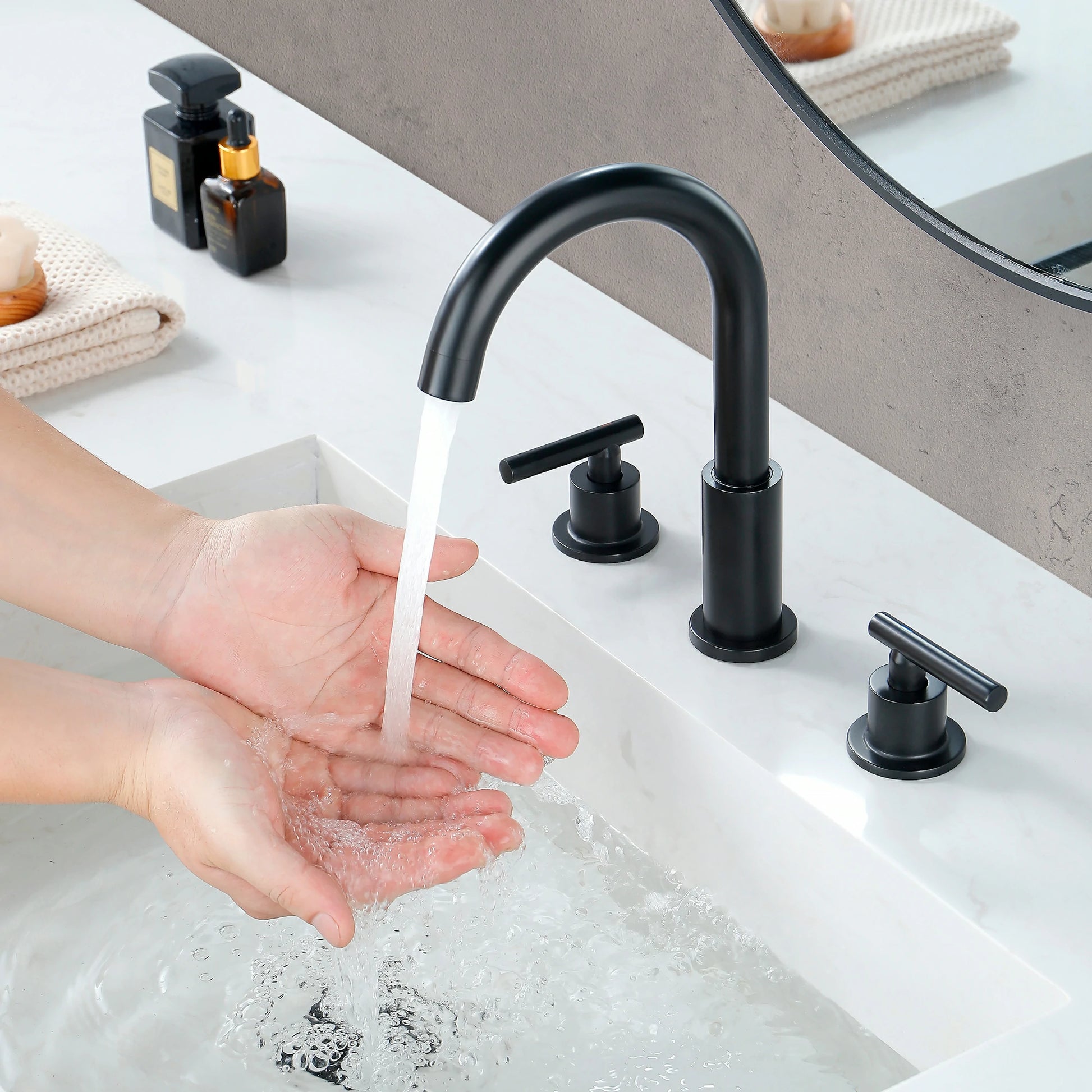Matte Black 3 Hole Bathroom Faucet with Two Handles, Quick Connect Hose and Pop-Up Drain