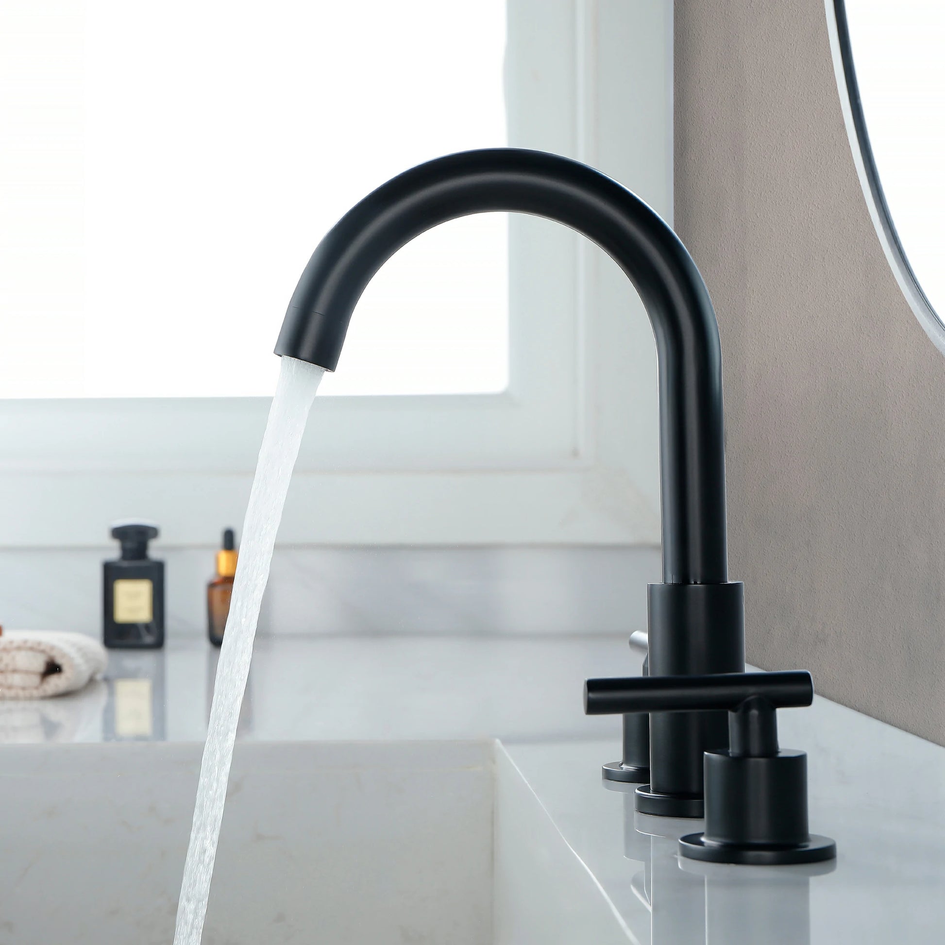 Matte Black 3 Hole Bathroom Faucet with Two Handles, Quick Connect Hose and Pop-Up Drain