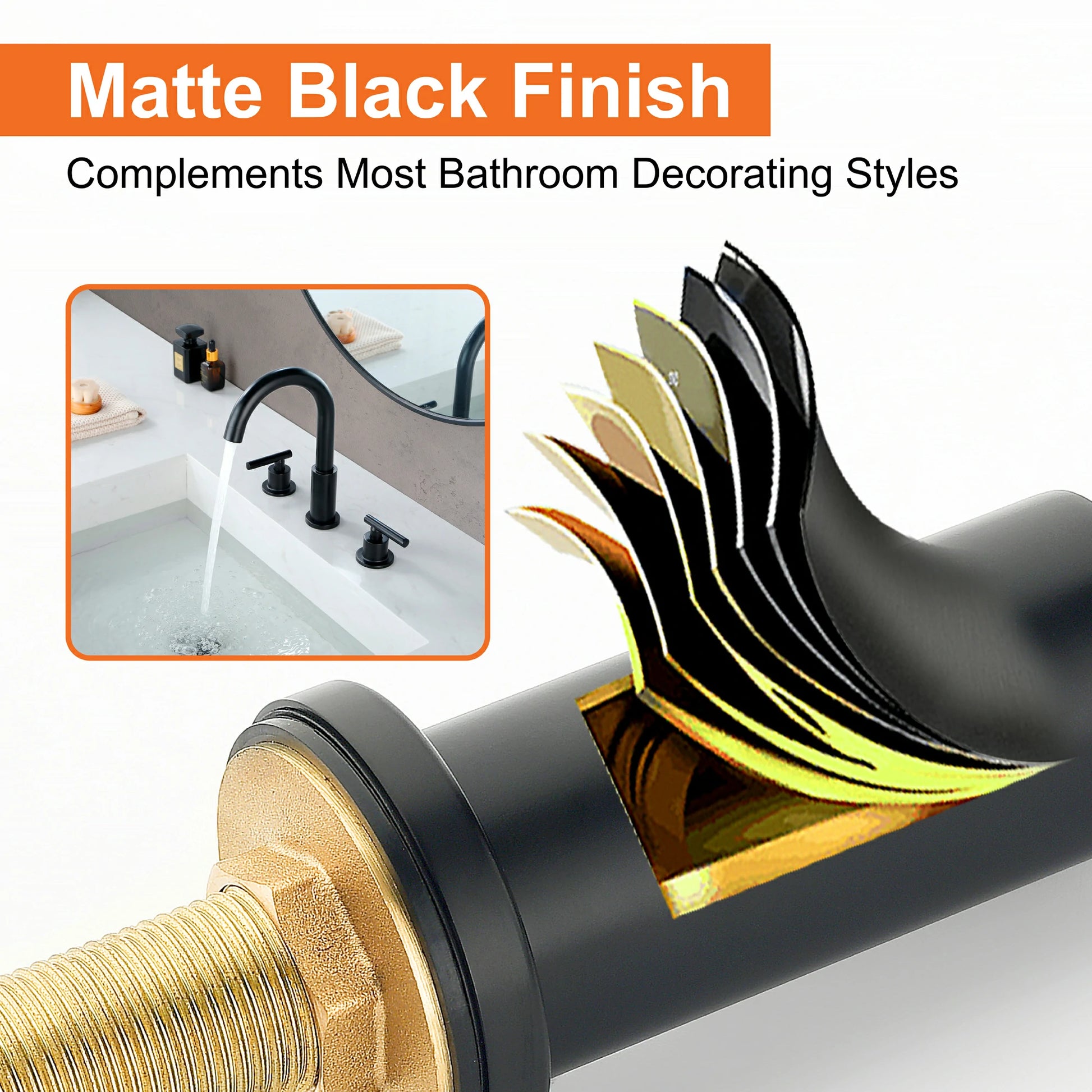 Matte Black 3 Hole Bathroom Faucet with Two Handles, Quick Connect Hose and Pop-Up Drain