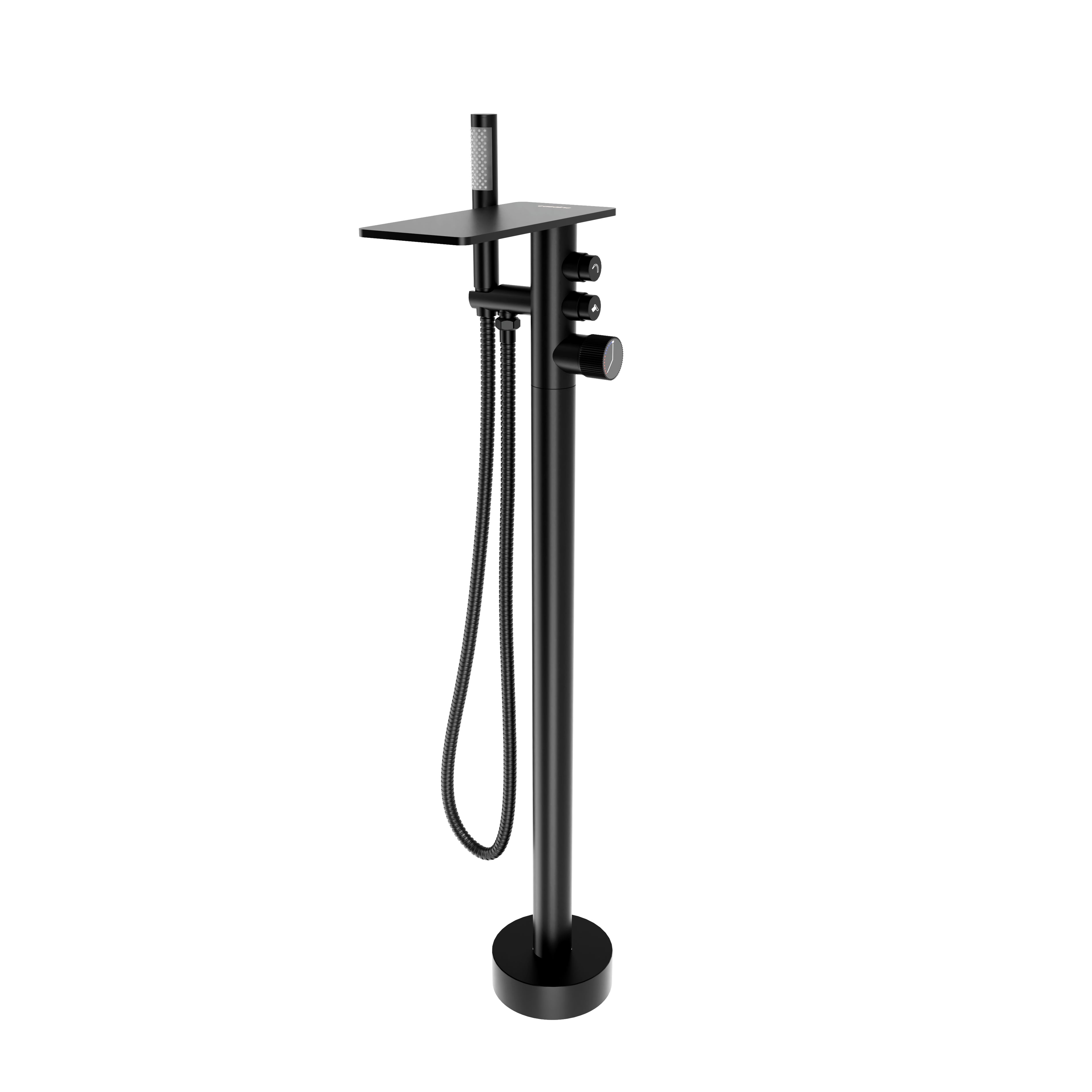 Matte Black Freestanding Tub Faucet with Waterfall Spout and Handheld Shower, Dual Handle Floor Mount Bathtub Filler