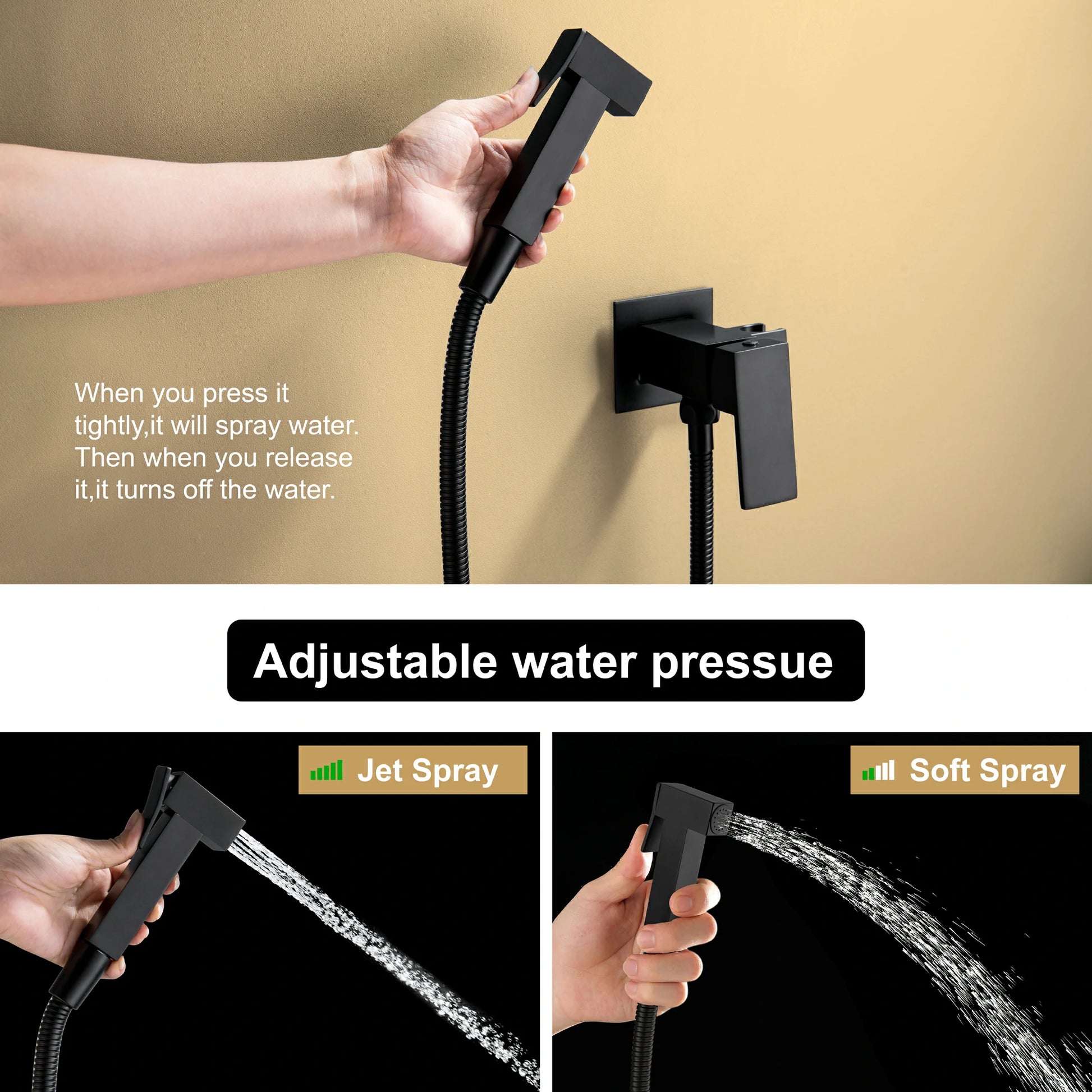 Matte Black Handheld Bidet Sprayer with Solid Brass Rough-In Valve and Adjustable Water Pressure