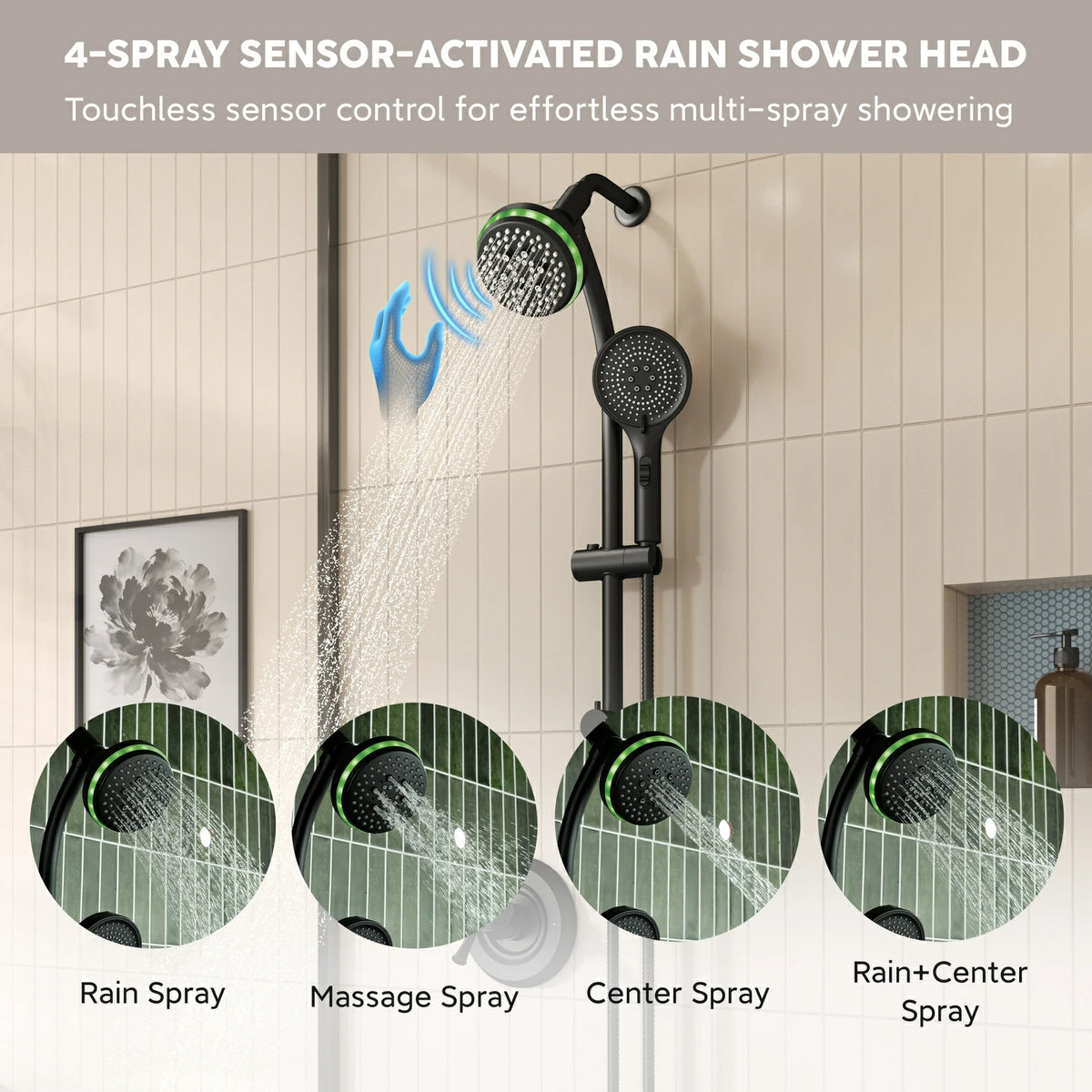 Modern 4 Inch 4 Function Rain Shower Head with Handheld Shower