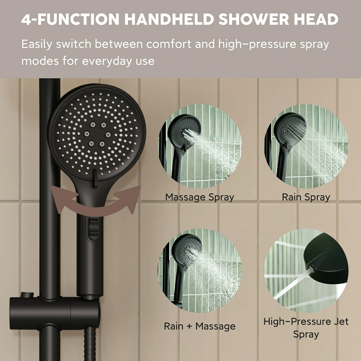 Modern 4 Inch 4 Function Rain Shower Head with Handheld Shower