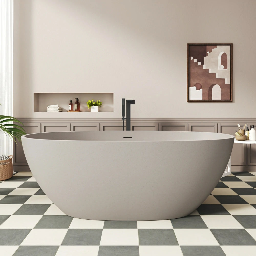 55"/59"/67" Modern Beige Stone Resin Freestanding Soaking Bathtub with Center Overflow and Drain