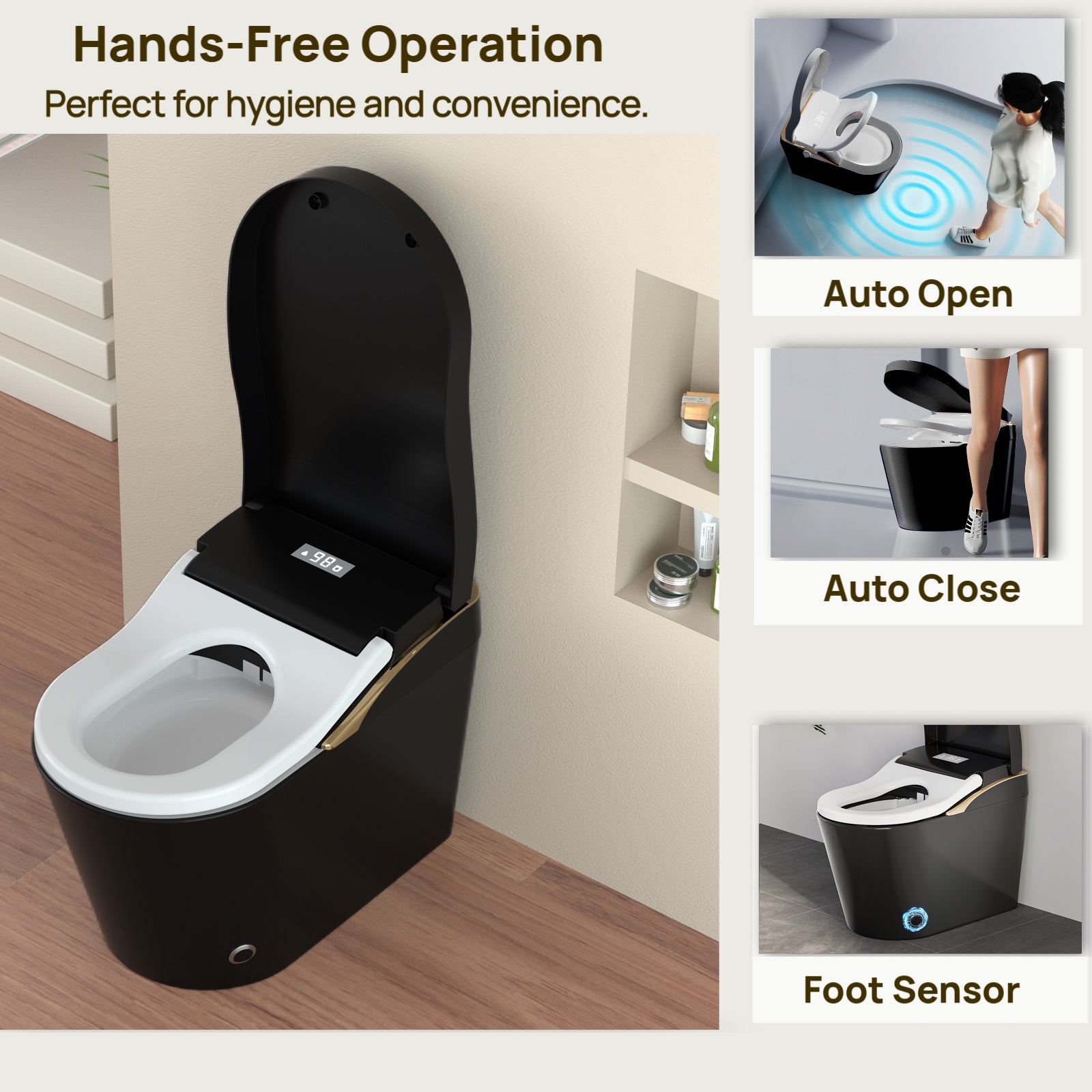 Modern Smart Toilet With Bidet, Auto Flush,  Warm Water and Dry, Heated Seat, Foam Shield Function Matte Black
